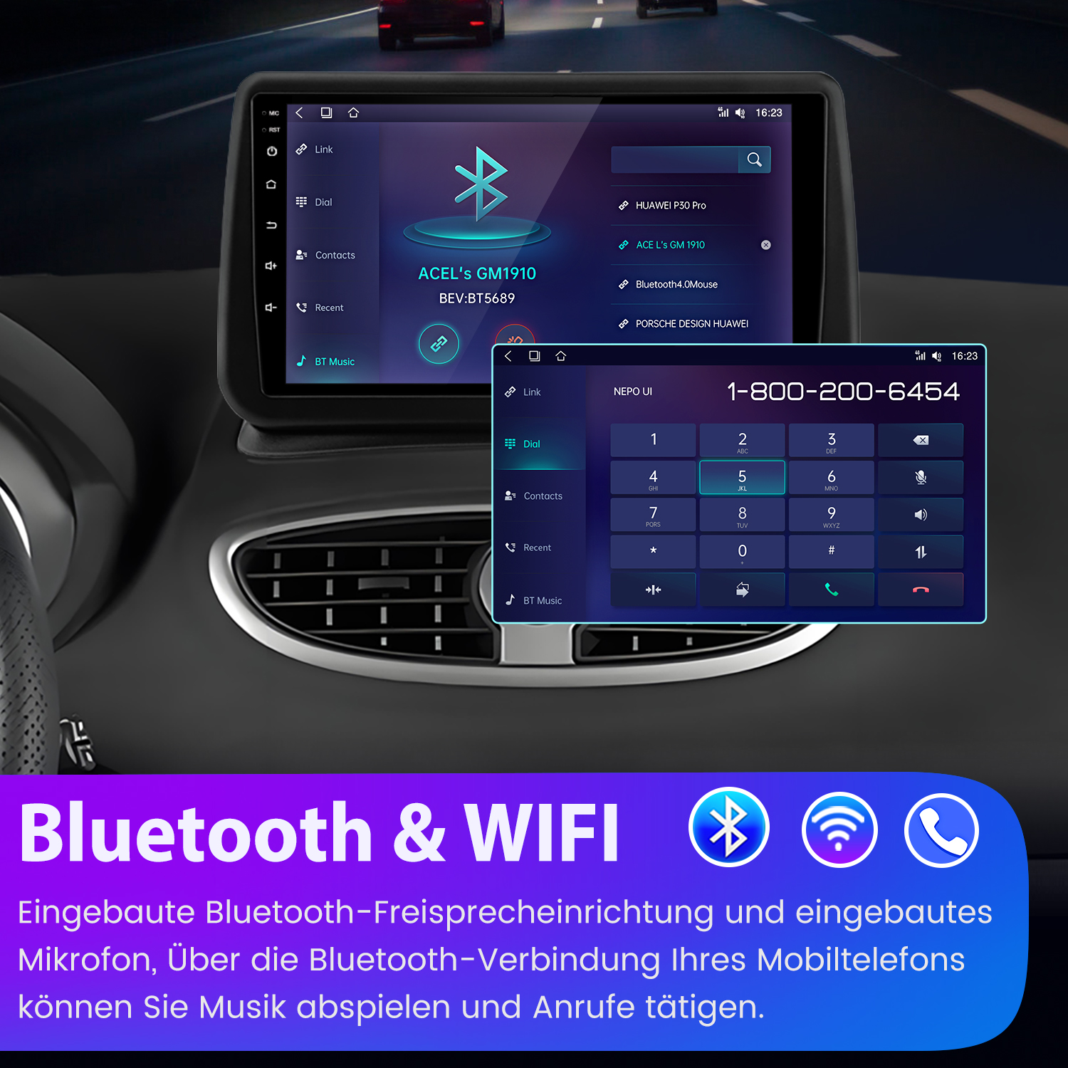 Automultimediasystem mit Bluetooth-Verbindung und Wähltastatur. Text: Bluetooth & WIFI.