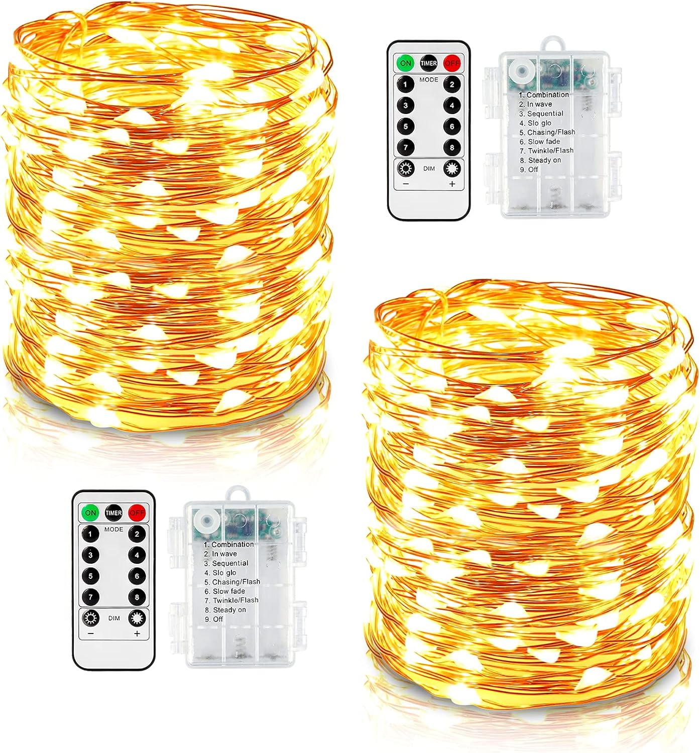 Zwei Spulen goldener Lichterketten mit Fernbedienung und Steuerbox. Die Fernbedienung hat Tasten für Modus, Timer und Dimmen.