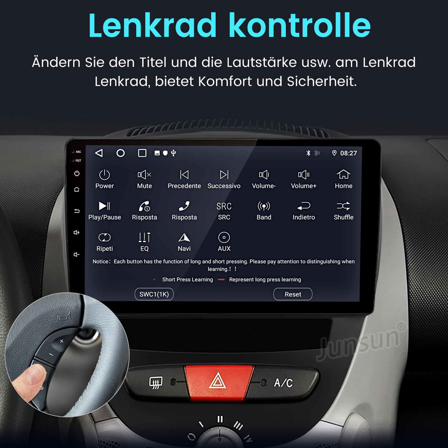 Autoradio-Bildschirm mit Bedienelementen, Lenkrad mit Tasten und Armaturenbrett. Der Bildschirm zeigt verschiedene Symbole.