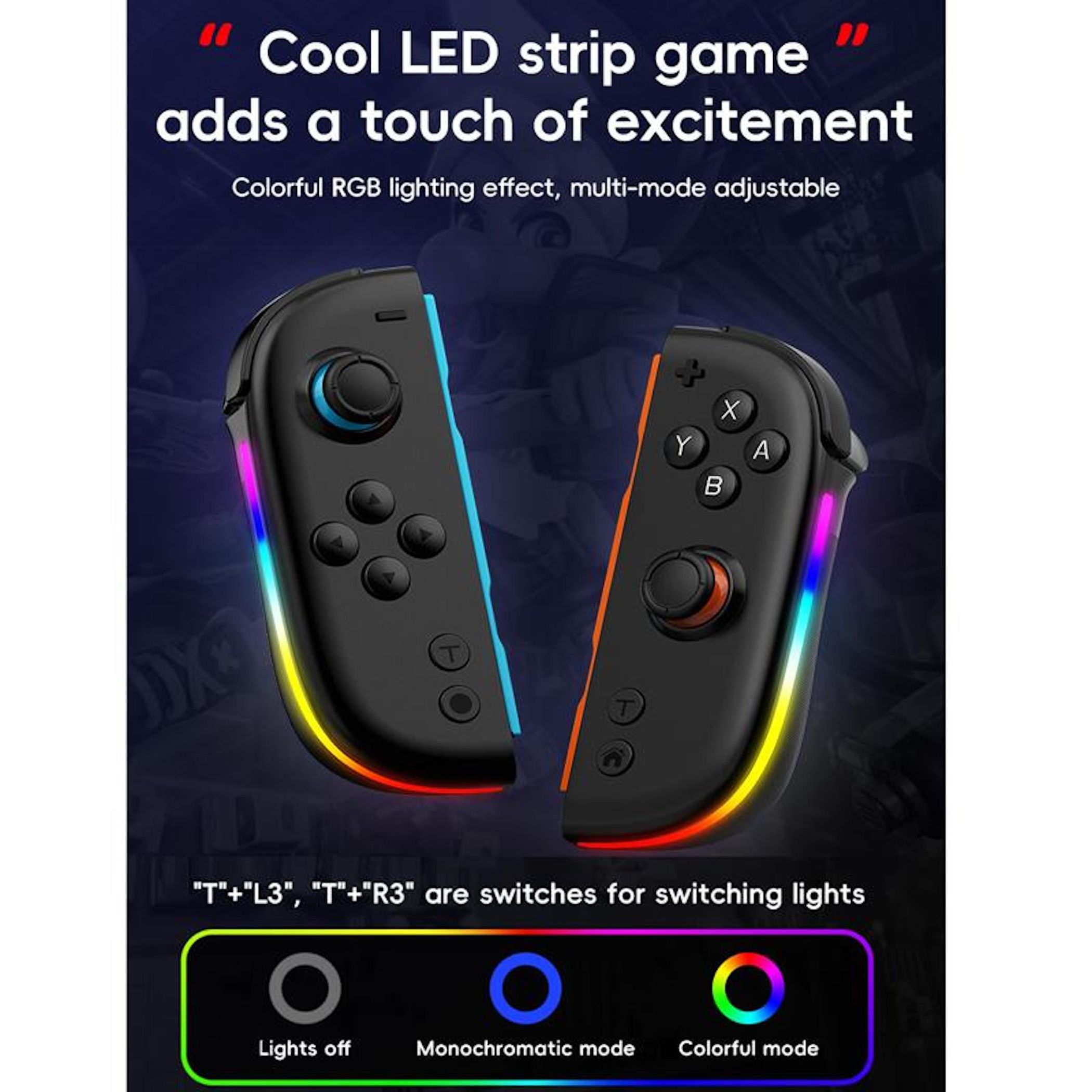 Zwei schwarze Gamecontroller mit farbigen LED-Streifen. Tasten sind sichtbar. Text sagt 'Cooles LED-Streifen-Spiel'.