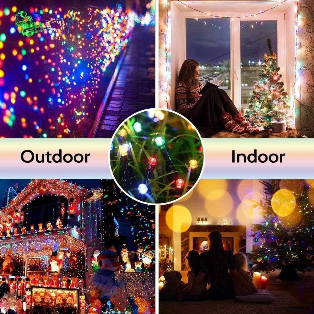 Das Bild zeigt Weihnachtszenen im Freien und in Innenräumen. Eines zeigt Lichter an einem Haus, ein anderes eine Frau, die an einem Baum liest.