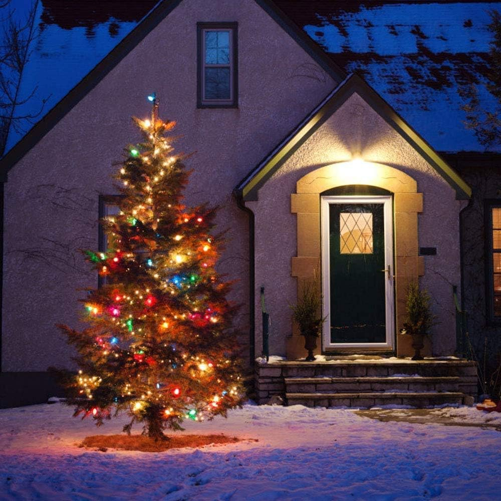 Ein geschmückter Weihnachtsbaum mit bunten Lichtern steht nachts vor einem Haus. Schnee bedeckt den Boden.