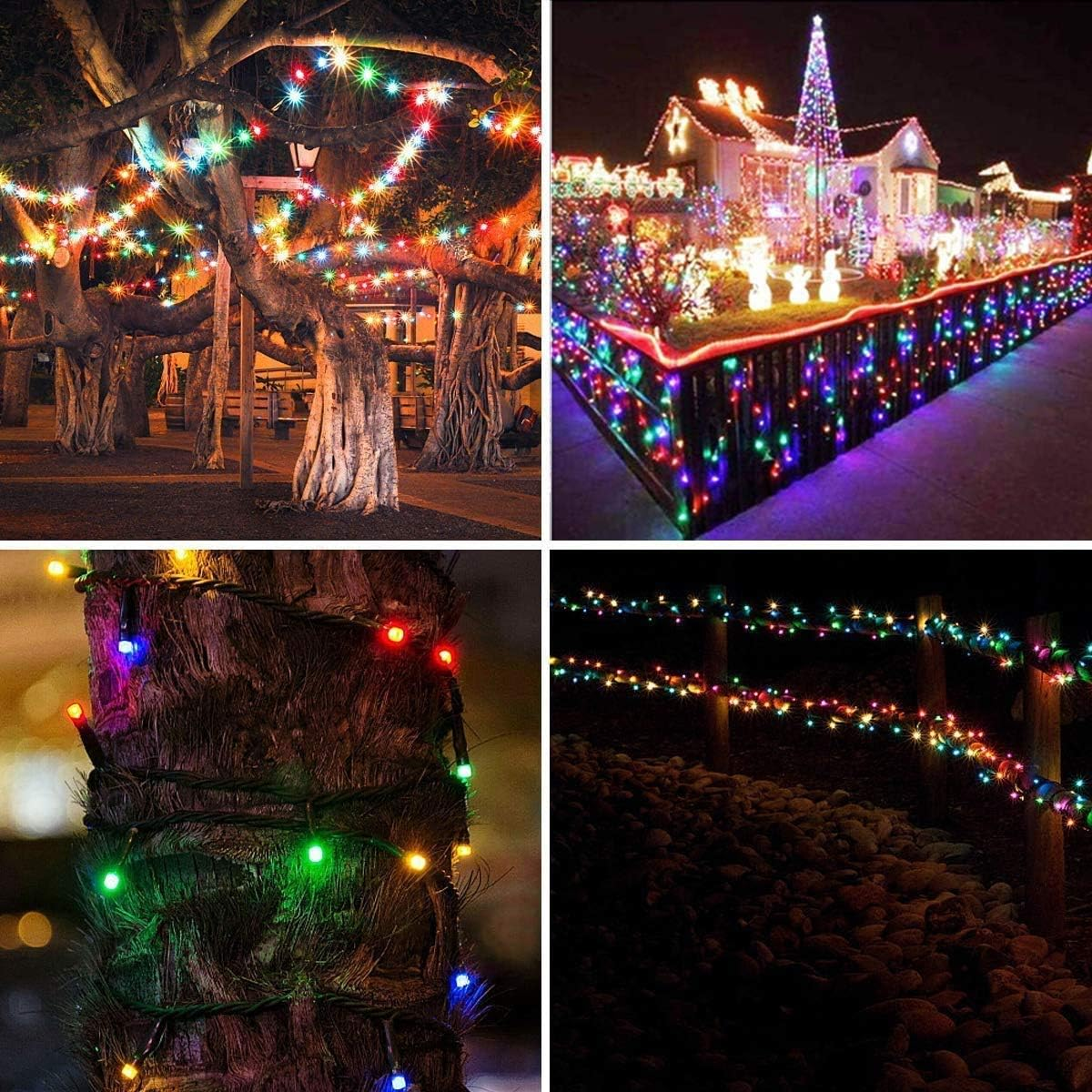 Festliche Szene mit bunten Lichtern. Bäume sind mit Lichterketten geschmückt, und Häuser sind mit Weihnachtslichtern beleuchtet.