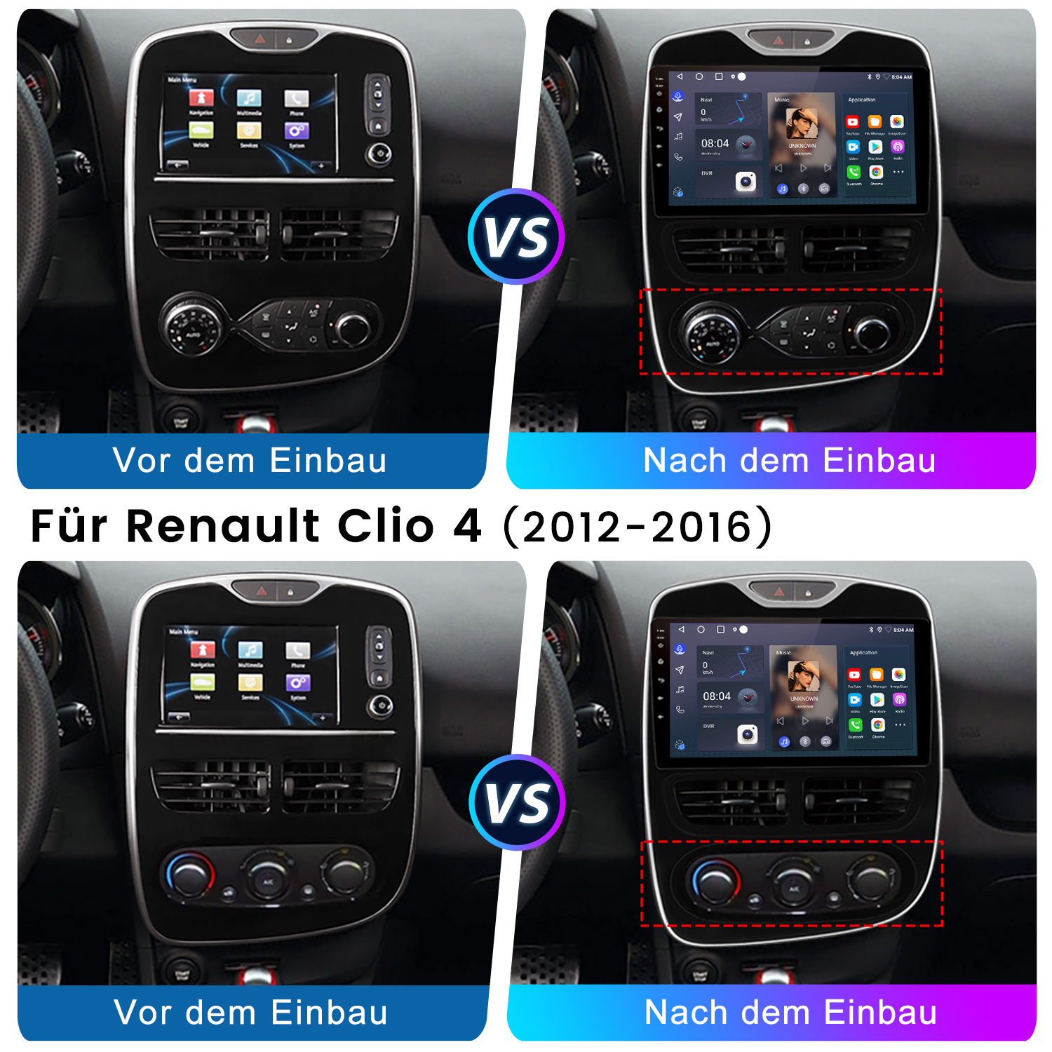 Vergleich des Armaturenbretts eines Autos vor und nach der Installation eines Multimediasystems, mit Hauptmenü und Anwendungsbildschirm.