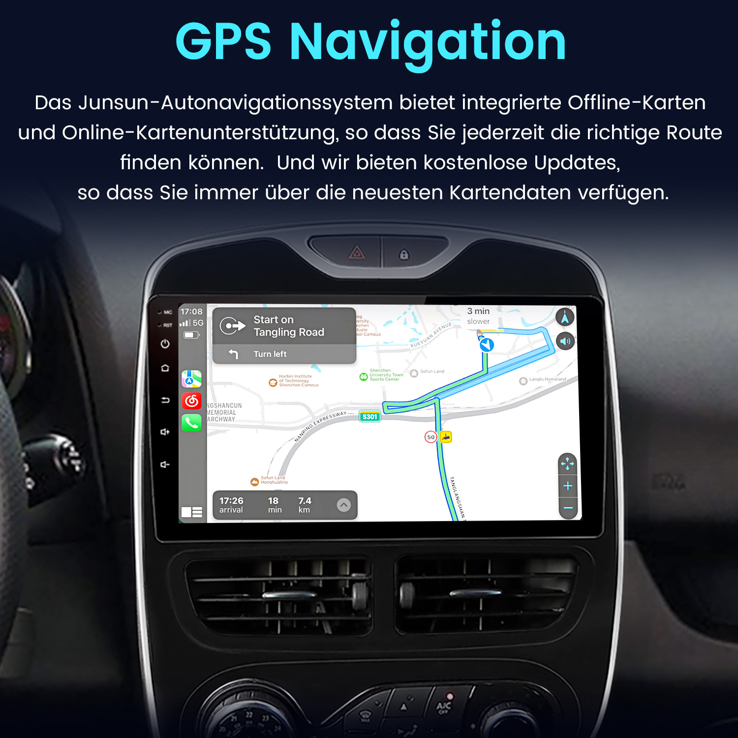 Armaturenbrett mit GPS-Navigation. Karte, Zeit und Entfernung werden angezeigt. Der Bildschirm befindet sich im Inneren eines Autos.