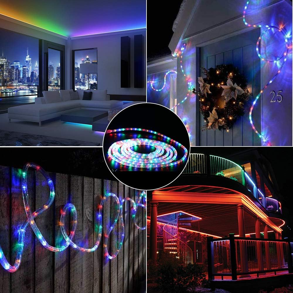 Collage von Bildern mit farbenfrohen LED-Streifen. Szenen umfassen ein Wohnzimmer, ein Hausäußeres und eine Wendeltreppe mit Lichtern.