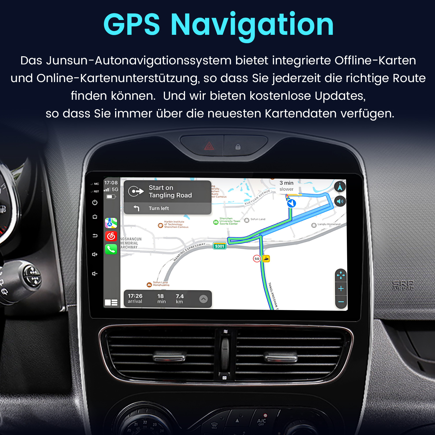 Auto-Dashboard mit GPS-Navigation. Der Bildschirm zeigt eine Karte mit Routen und Autosteuerungen.