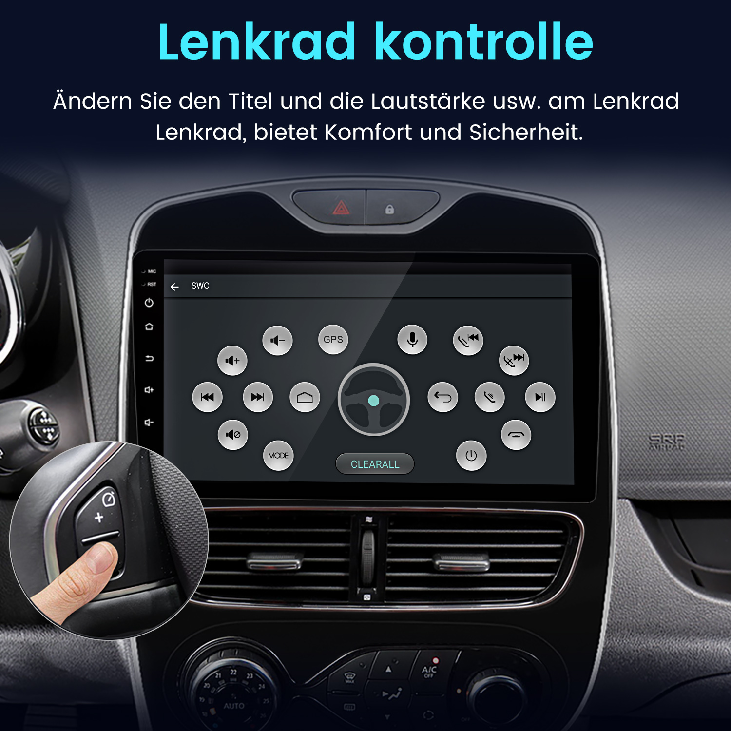 Autoinnenraum mit Bildschirm. Hand drückt Taste am Lenkrad, um Einstellungen anzupassen.