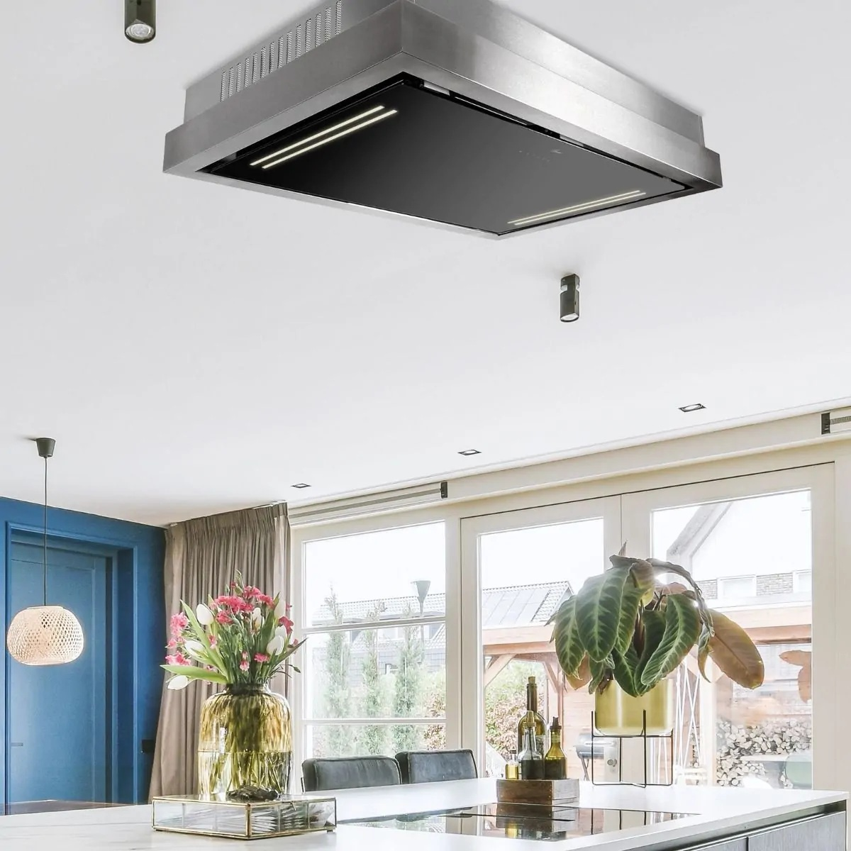 Moderne Küche mit Edelstahl-Dunstabzugshaube, Blumen, Pflanzen und großen Fenstern. Die Decke hat Einbaustrahler.