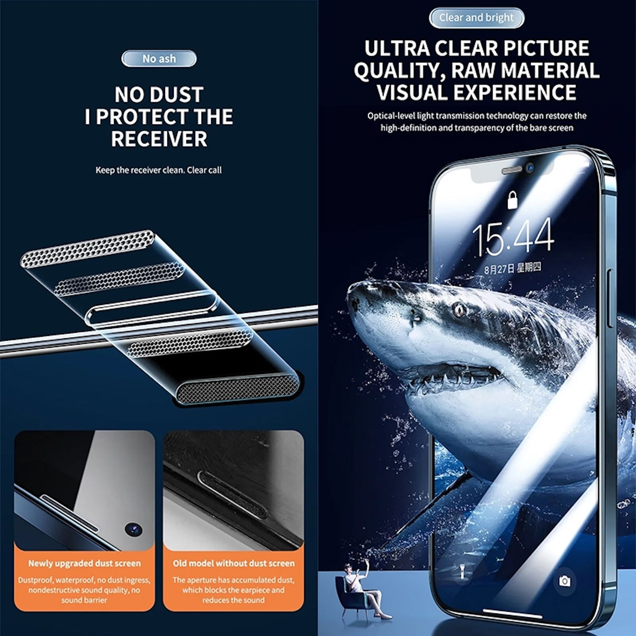 Das Bild zeigt einen Telefonbildschirm mit Hai, Text über Staubschutz und einen Vergleich alter und neuer Telefonbildschirme.