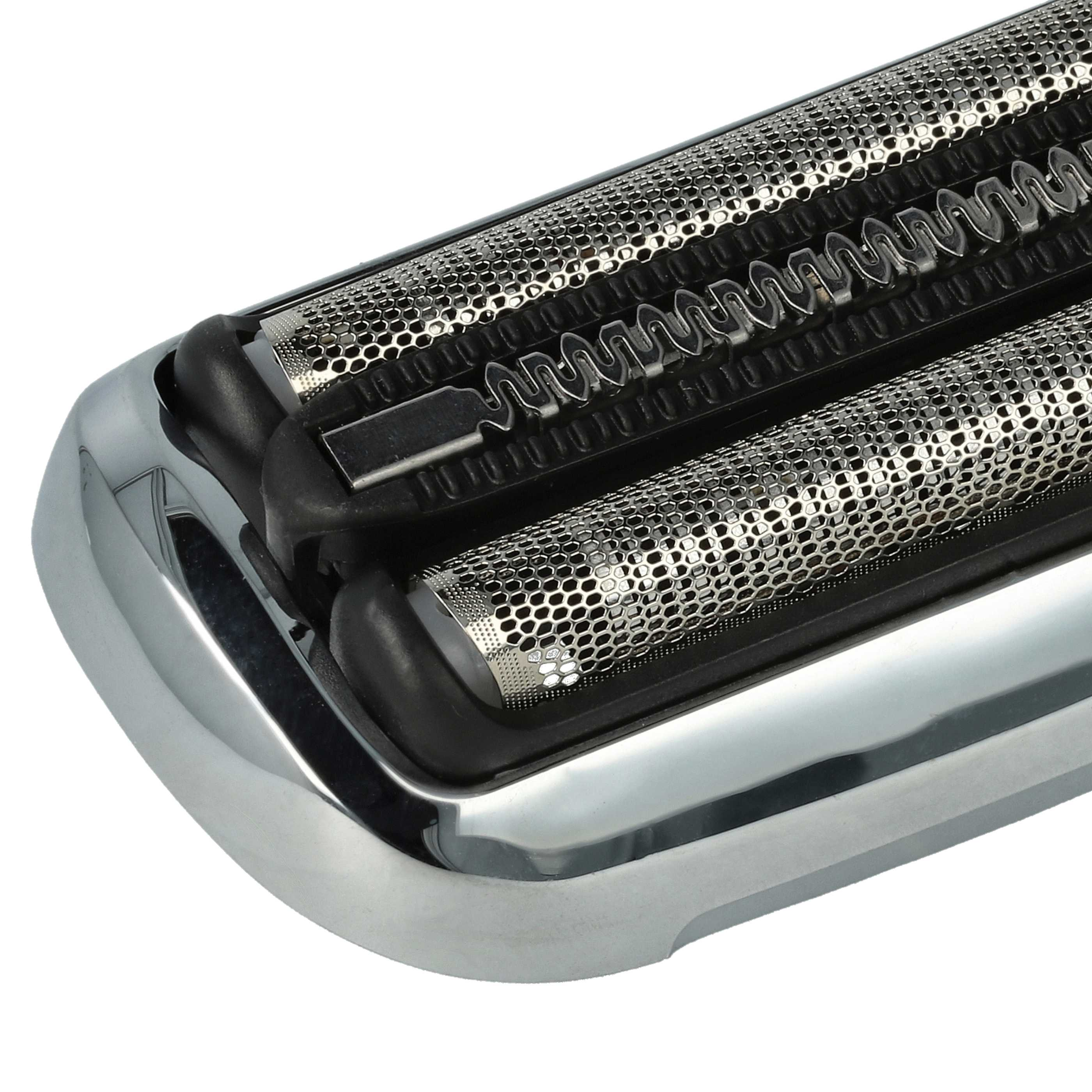Nahaufnahme eines silbernen Elektrorasiererkopfes. Merkmale: perforierter Metallbildschirm, Schneidklingen, Chrom-Finish.