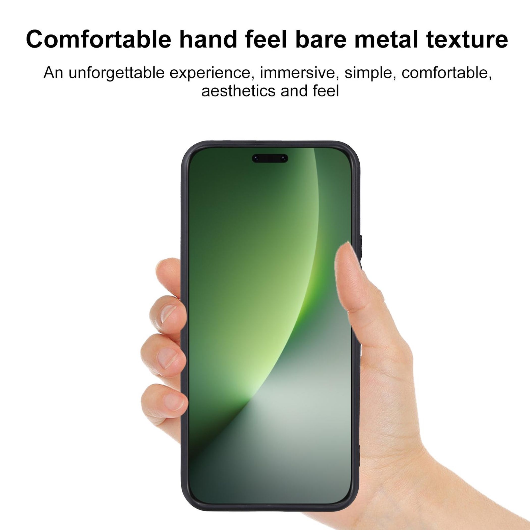 Eine Hand, die ein Telefon mit grünem Display hält. Der Hintergrund ist weiß. Text oben beschreibt das Telefon.