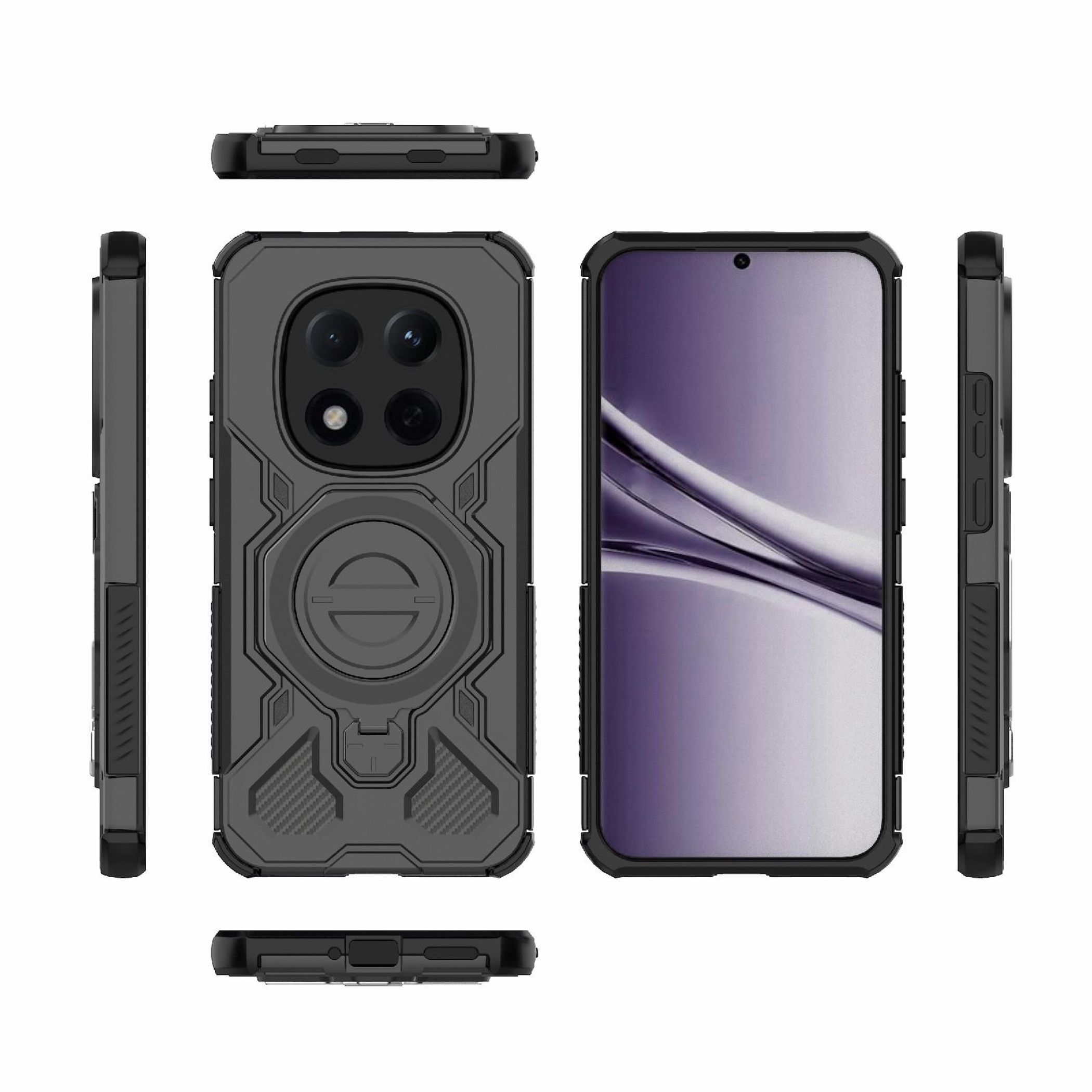 Eine Handyhülle und ein Handy werden angezeigt. Die Hülle ist schwarz, mit einem Ringhalter und das Handy hat einen lila Bildschirm.