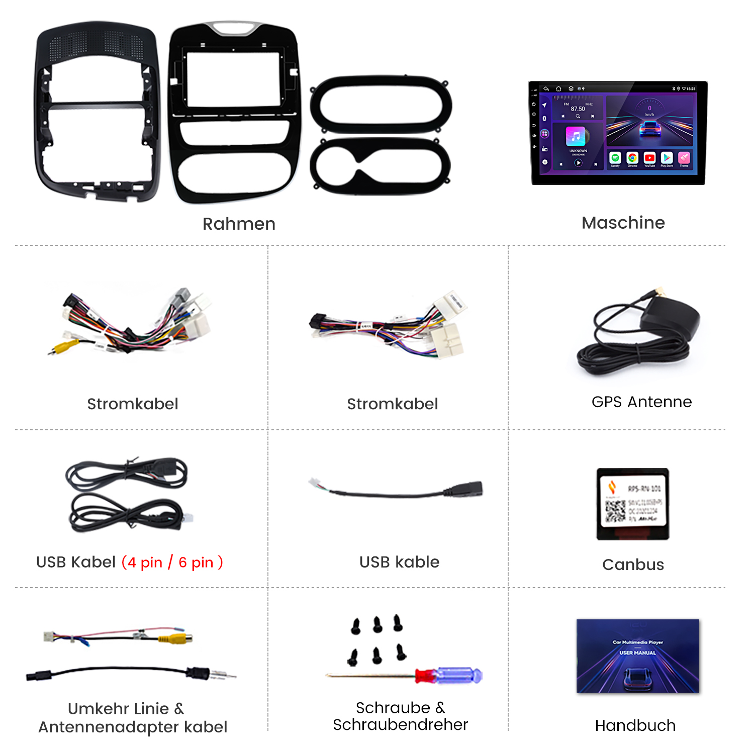 Autoradioteile: Rahmen, ein Maschinenbildschirm, Kabel, GPS-Antenne, USB-Kabel, Canbus, Benutzerhandbuch und ein Schraubendreher.