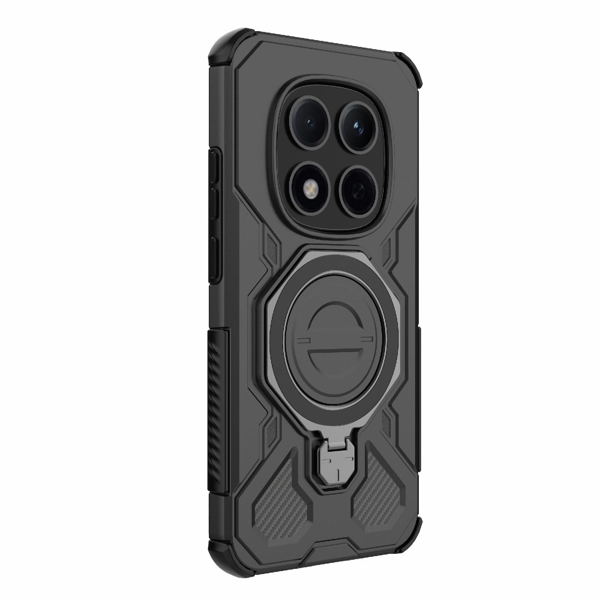 Schwarze Handyhülle mit Kameraausschnitten und einem Ringhalter. Die Hülle hat ein strukturiertes Design und einen Magnetring.