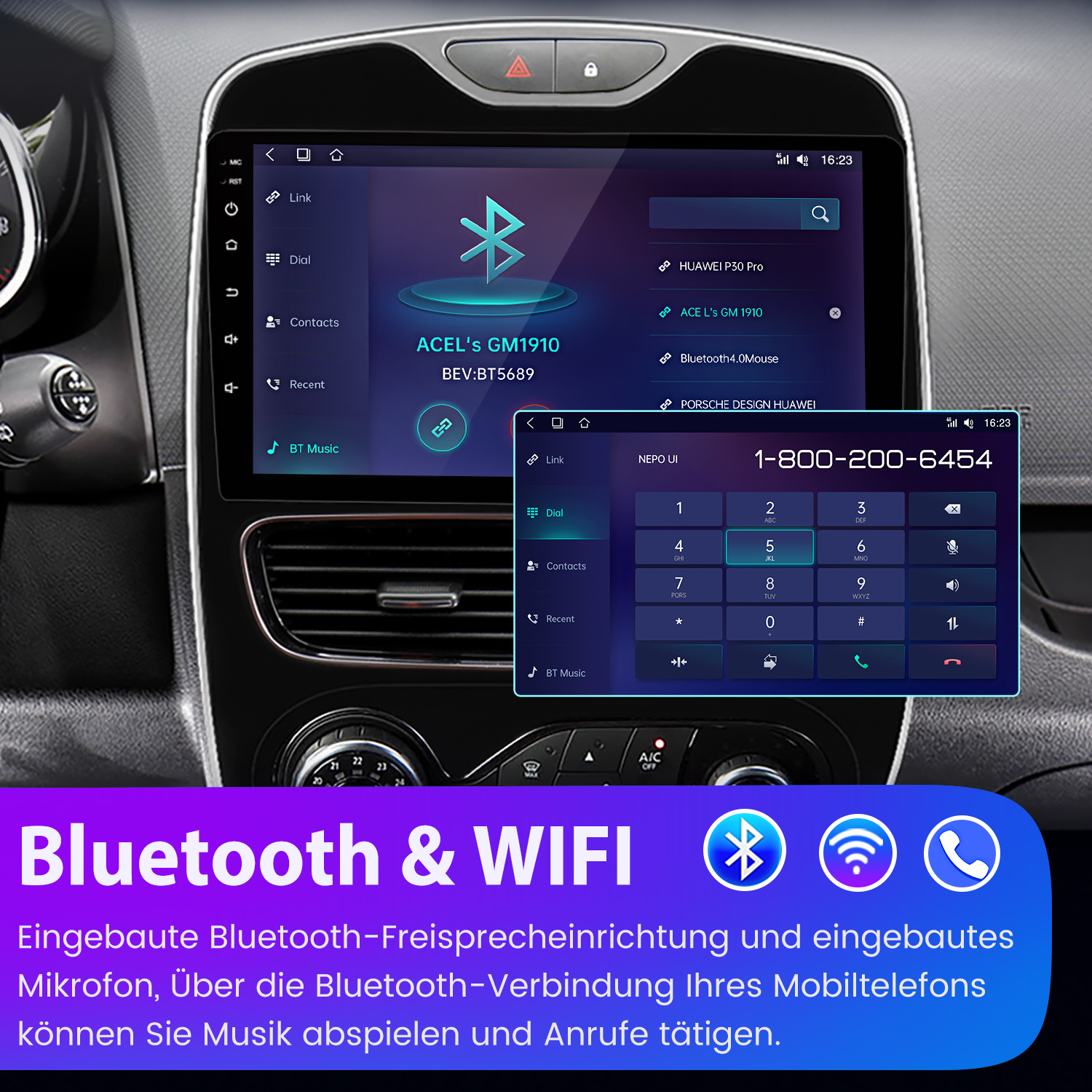 Autoradio-Bildschirm mit Bluetooth- und WLAN-Funktionen. Zeigt einen Wählapparat und Bluetooth-Verbindungsoptionen.