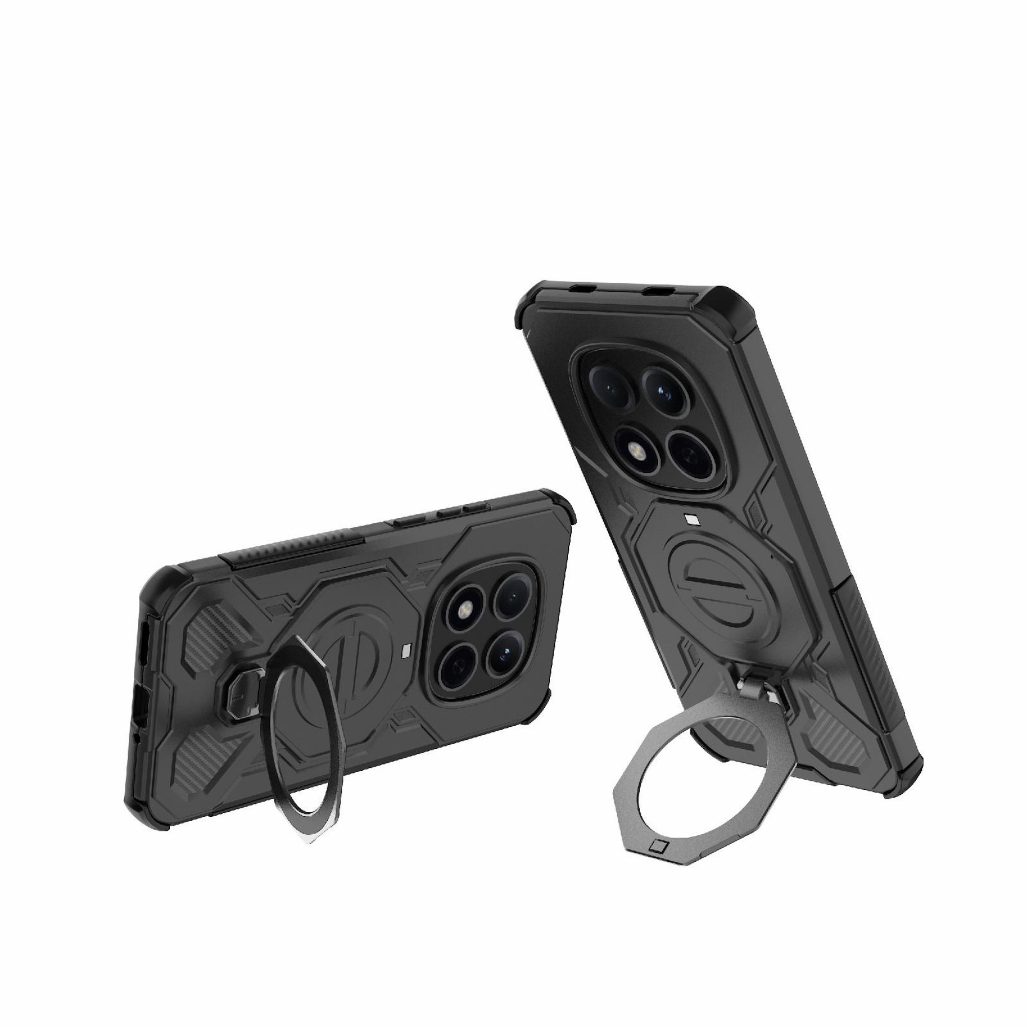 Schwarze Handyhüllen mit Ringhaltern. Ein Telefon steht, das andere liegt, beides auf weißem Hintergrund.