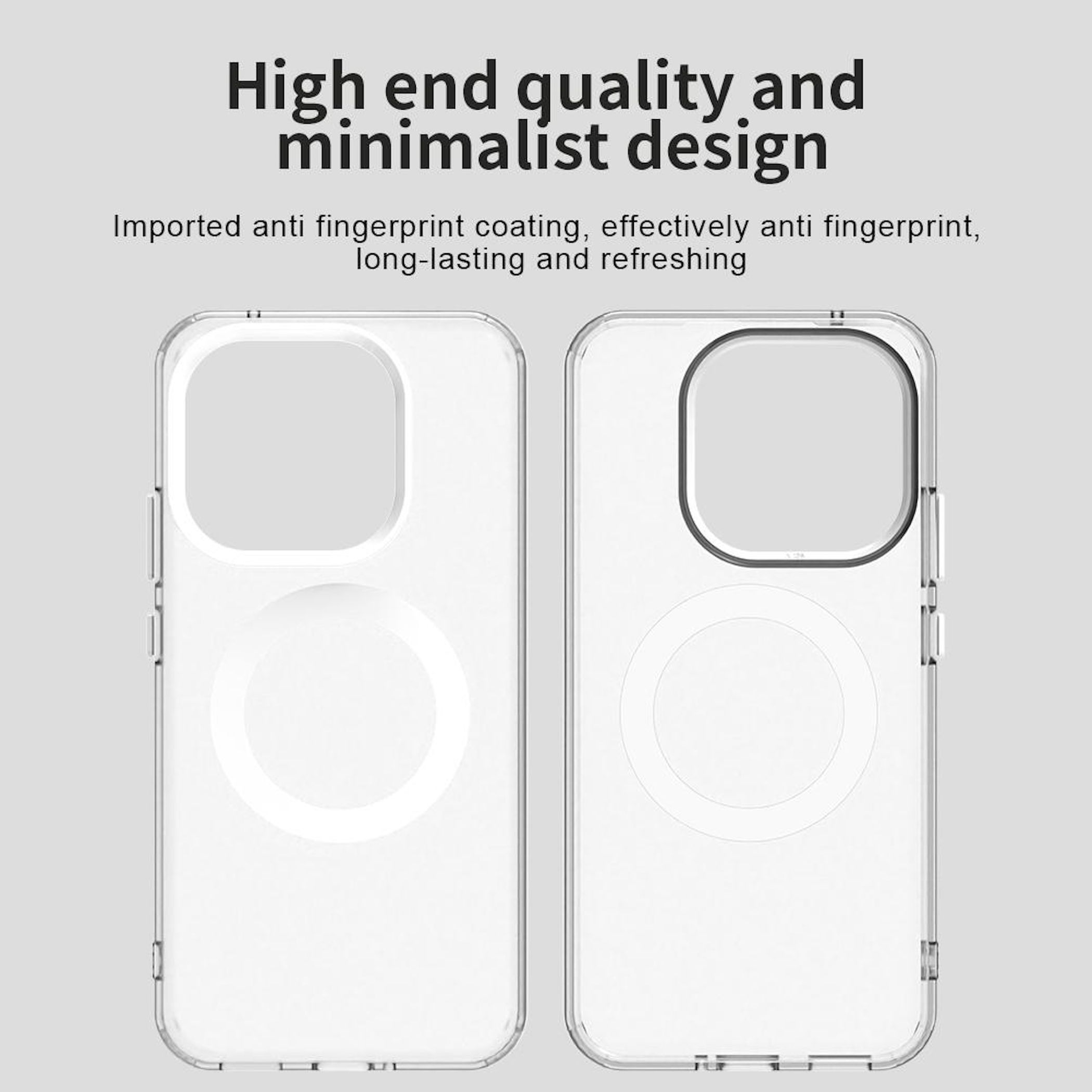 Dos fundas transparentes para teléfono sobre fondo gris claro, con texto sobre resistencia a huellas dactilares y diseño.