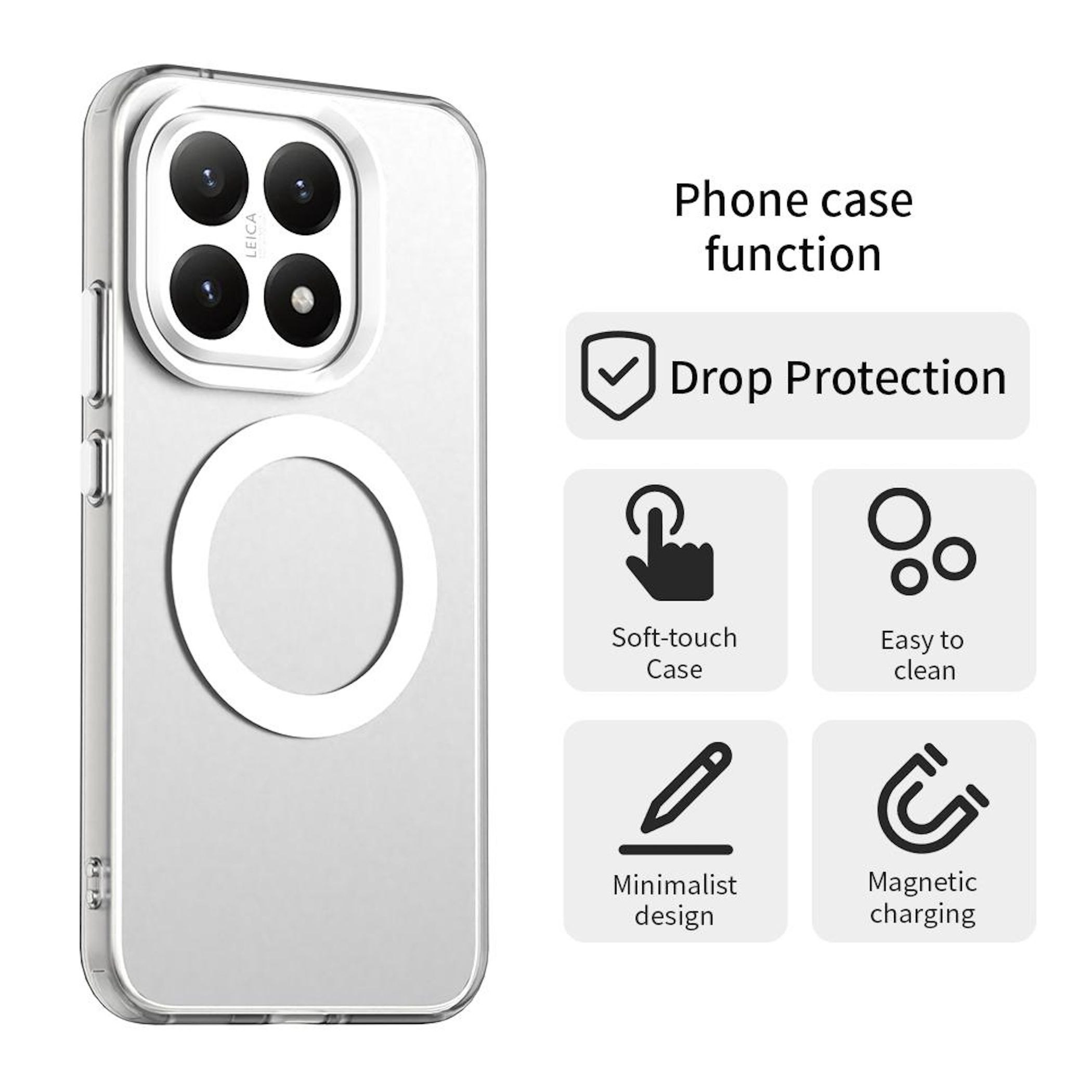 Funda transparente para teléfono con detalles de cámara. Características: protección contra caídas, tacto suave, fácil limpieza, diseño minimalista.