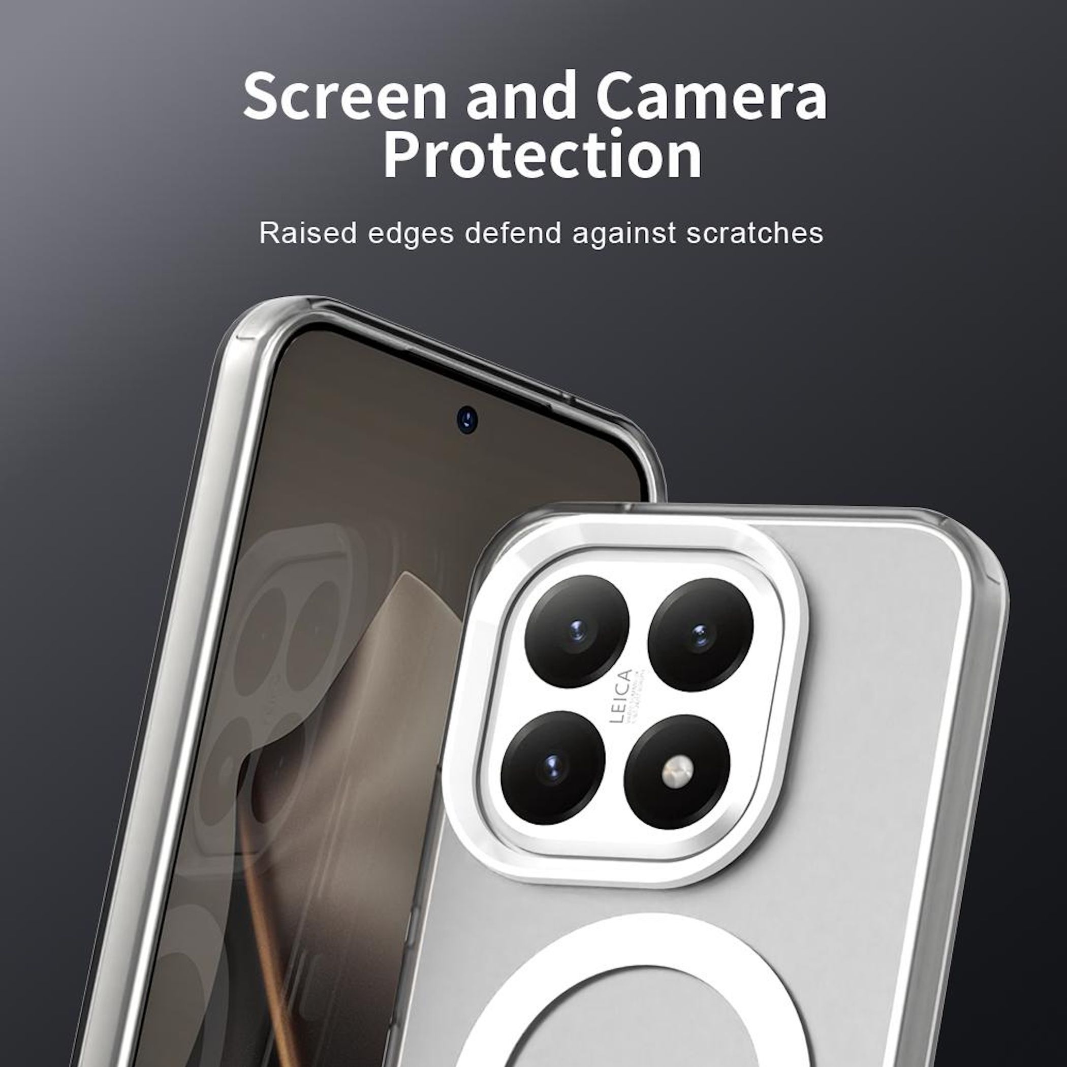 Funda de teléfono con protección de pantalla y cámara. Bordes elevados contra arañazos. Funda transparente con lentes visibles.