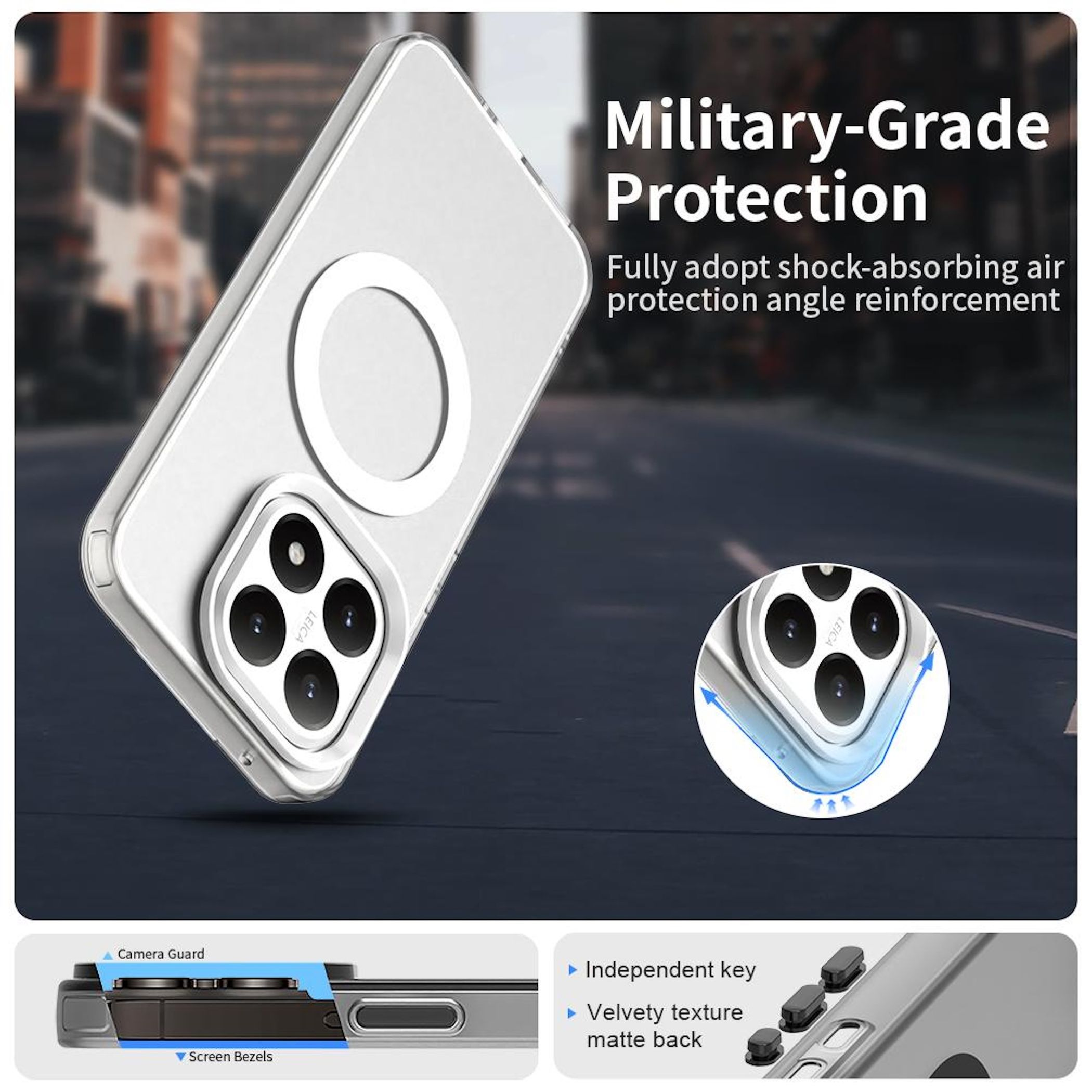 Funda transparente para teléfono, vista en ángulo. Características: protector de cámara, biseles de pantalla, teclas independientes.