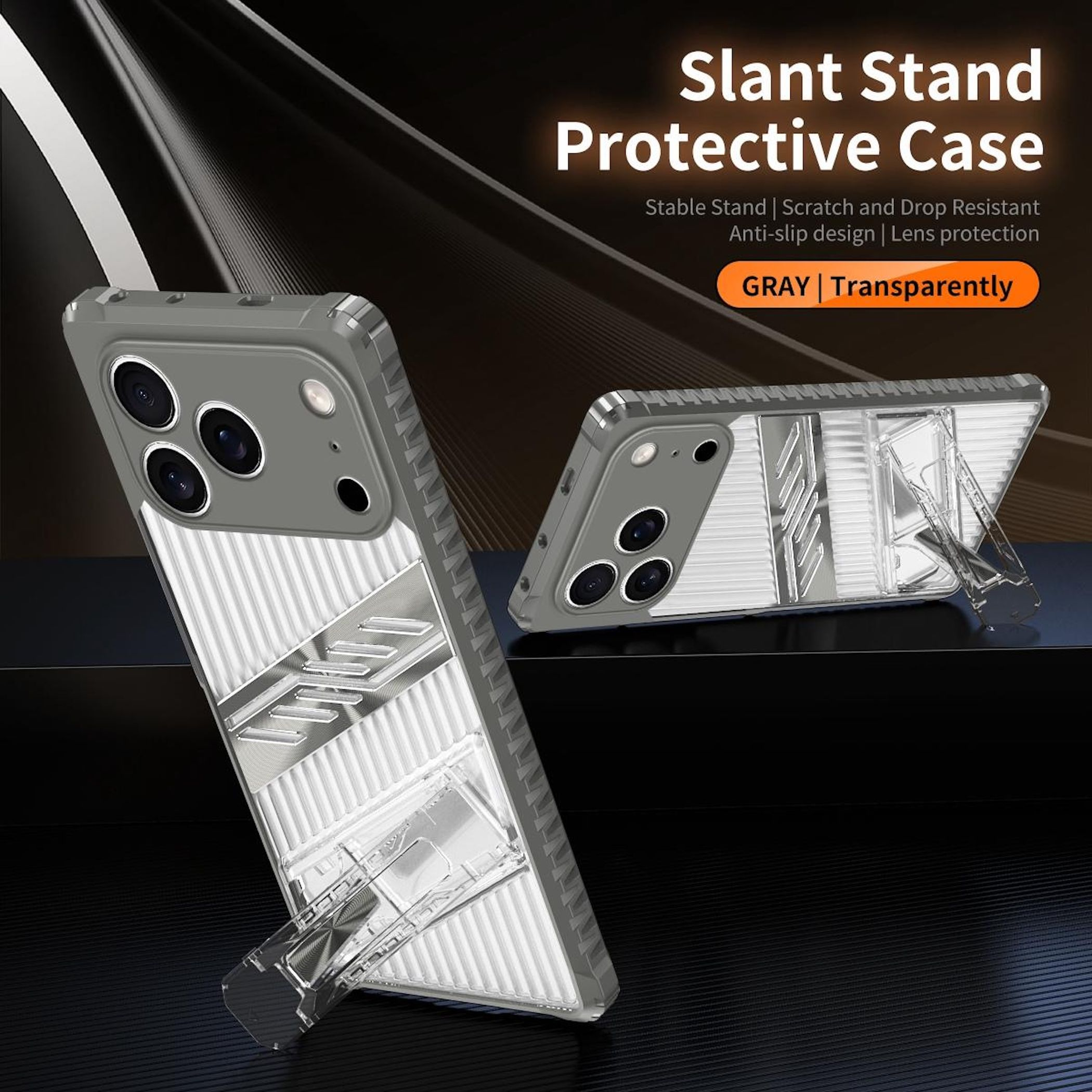 Funda gris para teléfono con soporte. La funda está sobre una superficie oscura. El soporte es transparente. Texto: Slant Stand Protective Case.