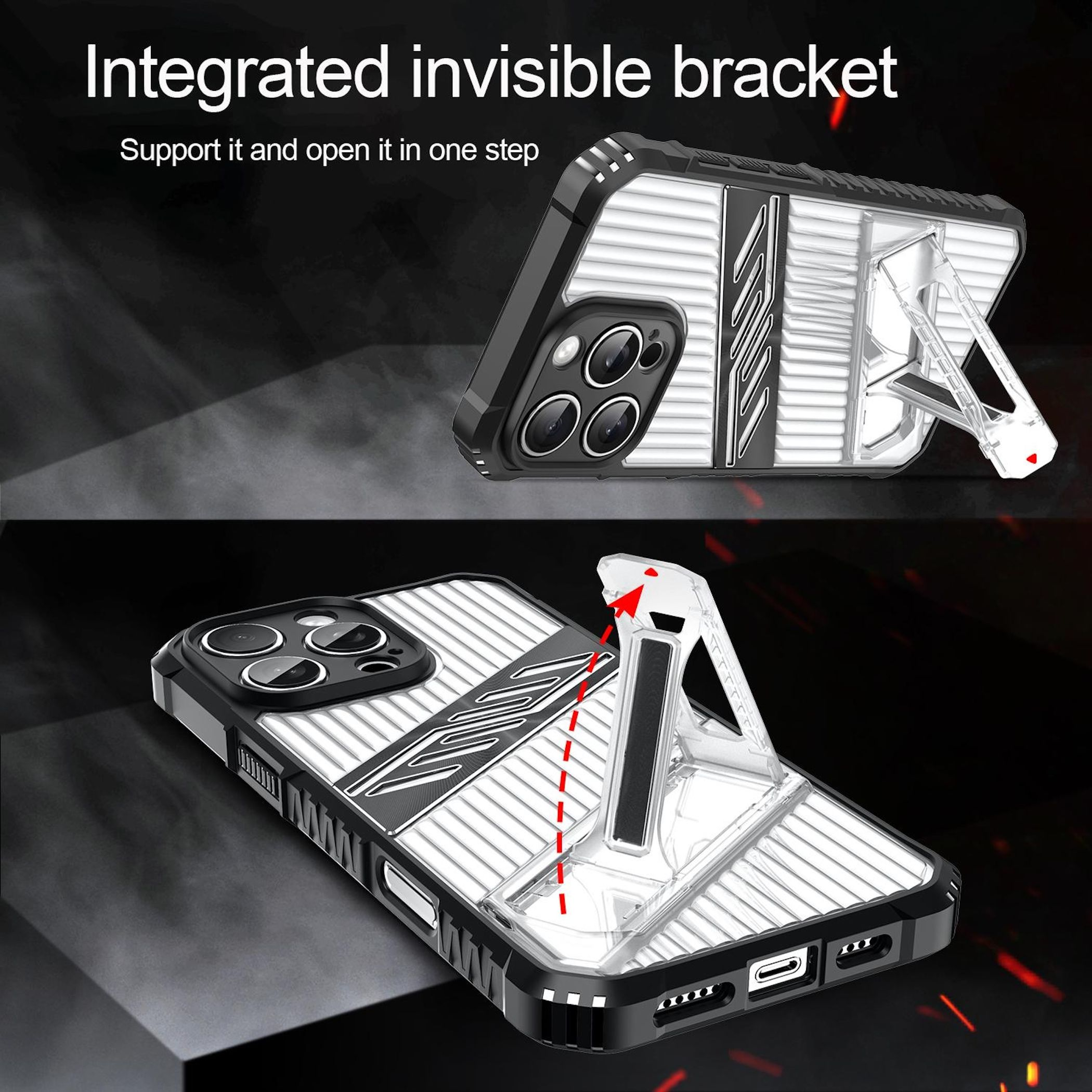 Funda de teléfono con soporte invisible integrado. La funda es negra y blanca, y el soporte es transparente.