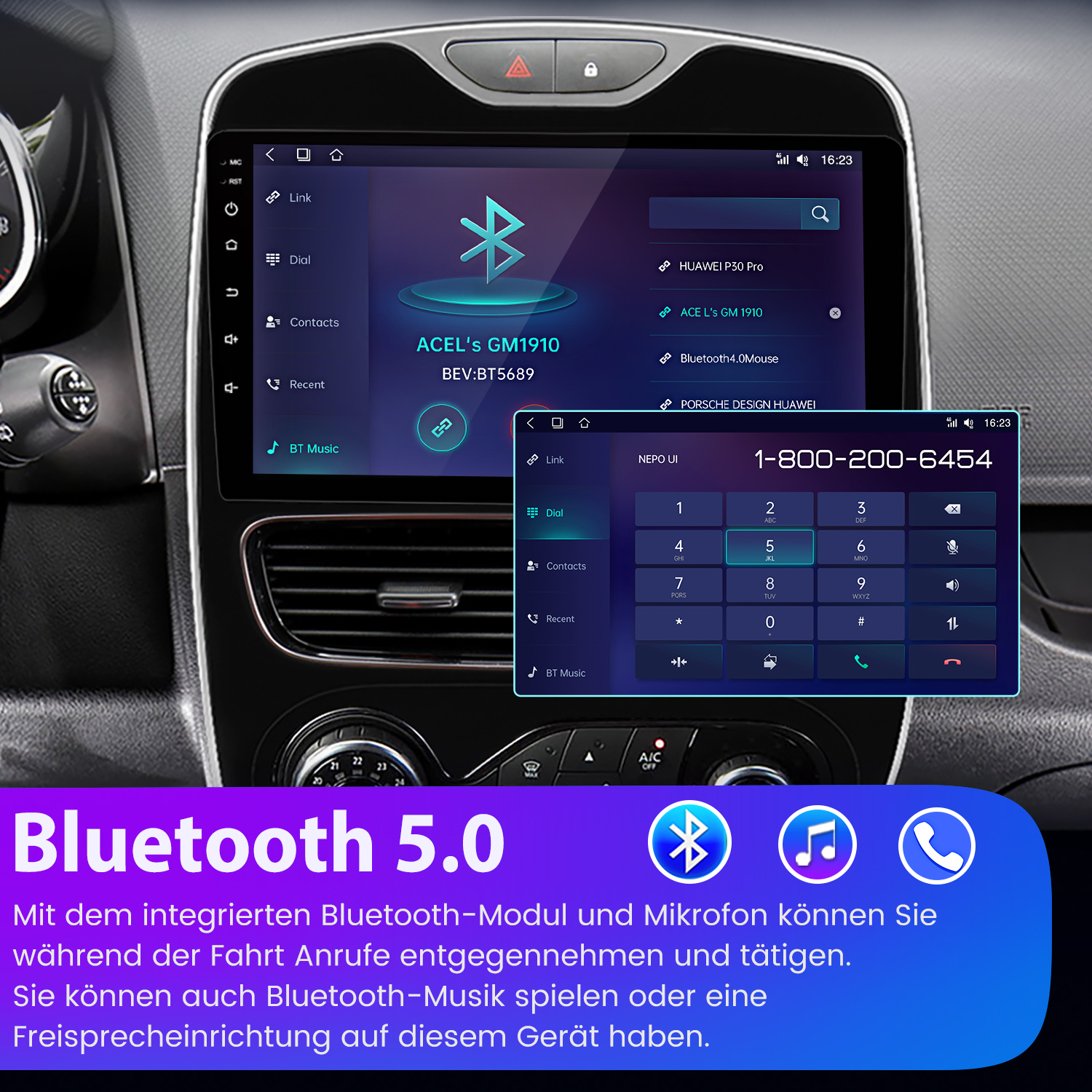 Auto-Armaturenbrett mit Bluetooth 5.0-Oberfläche, Telefonwähler und verschiedenen Funktionssymbolen auf dem Bildschirm.