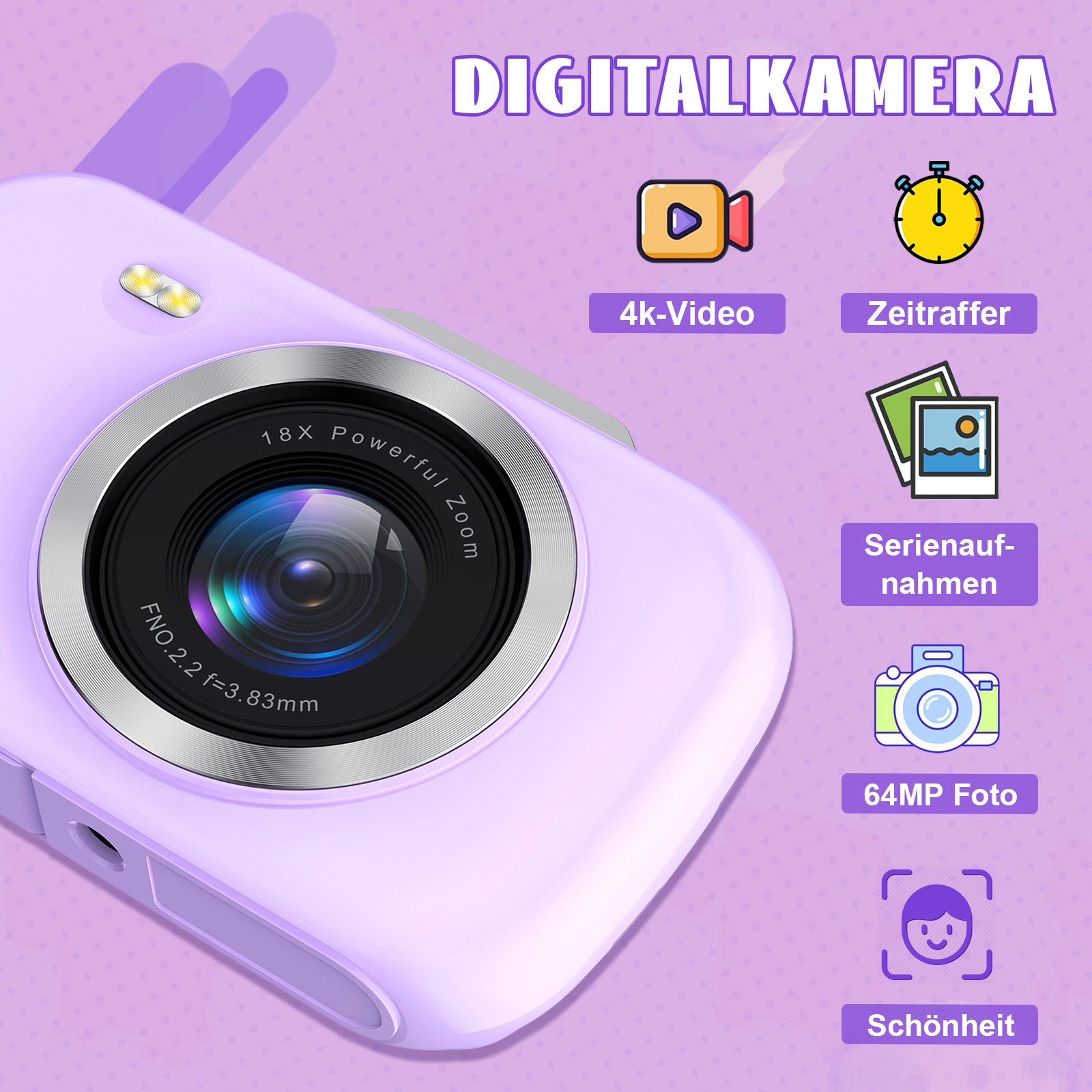 Eine lila Digitalkamera mit großem Objektiv. Zu den Funktionen gehören 4K-Video, Zeitraffer und 64MP-Foto.