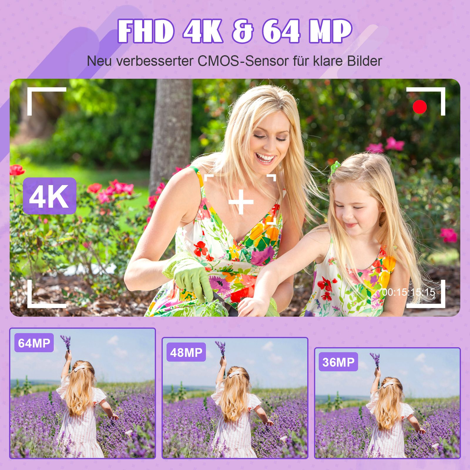 Eine Frau und ein Mädchen lächeln und arbeiten draußen. Der Hintergrund hat Blumen.
