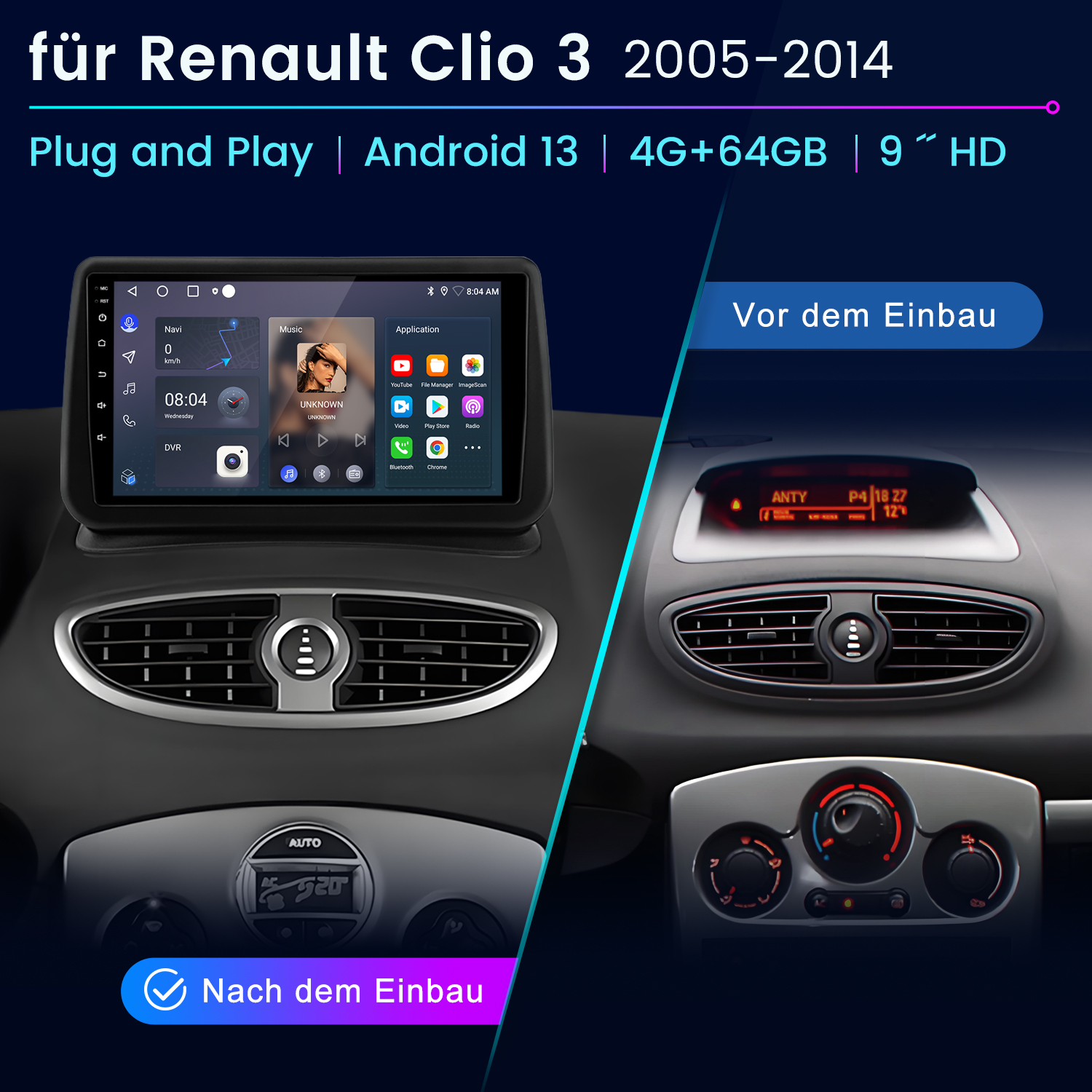 Autoinstrumententafel mit Vorher-Nachher-Installation eines neuen Android-Systems. Texte und Symbole sind auf dem Bildschirm sichtbar.