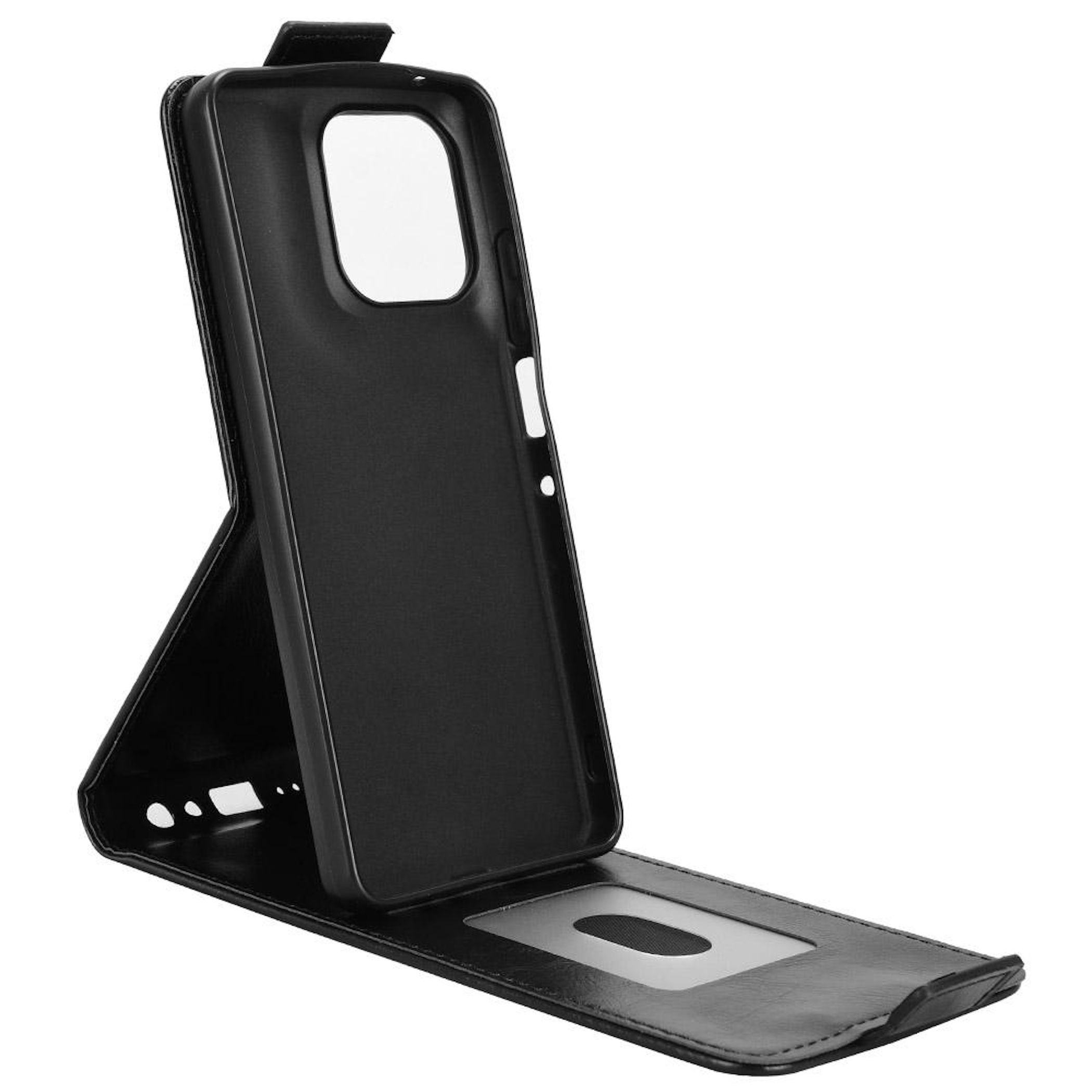 Eine schwarze Handyhülle ist geöffnet. Das Telefon ist in der Hülle sichtbar. Die Hülle hat ein klares Fenster und einen Magnetverschluss.