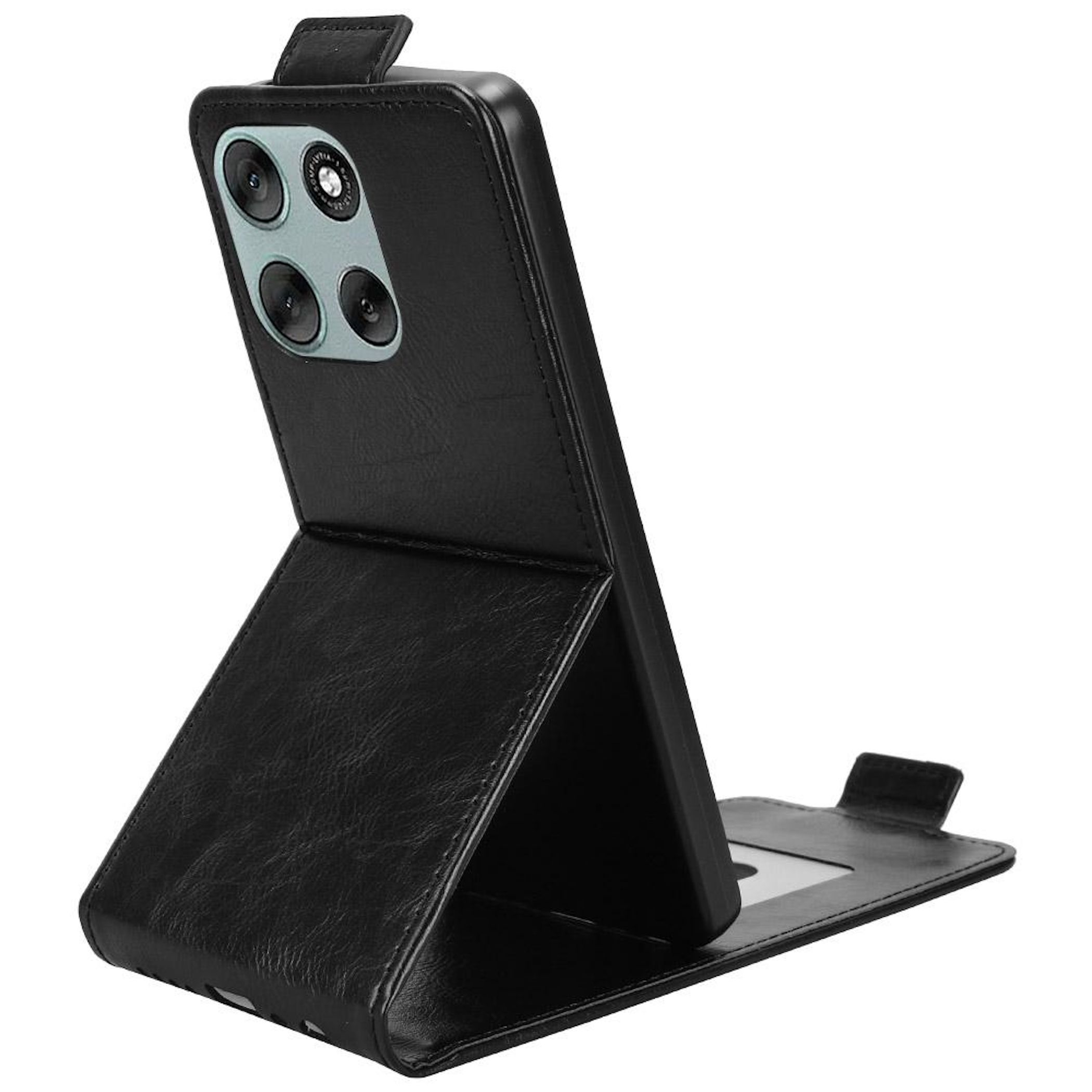 Eine schwarze Handyhülle mit einem Telefon darin. Die Hülle ist geöffnet und zeigt die Kameralinsen und einen Kartensteckplatz.