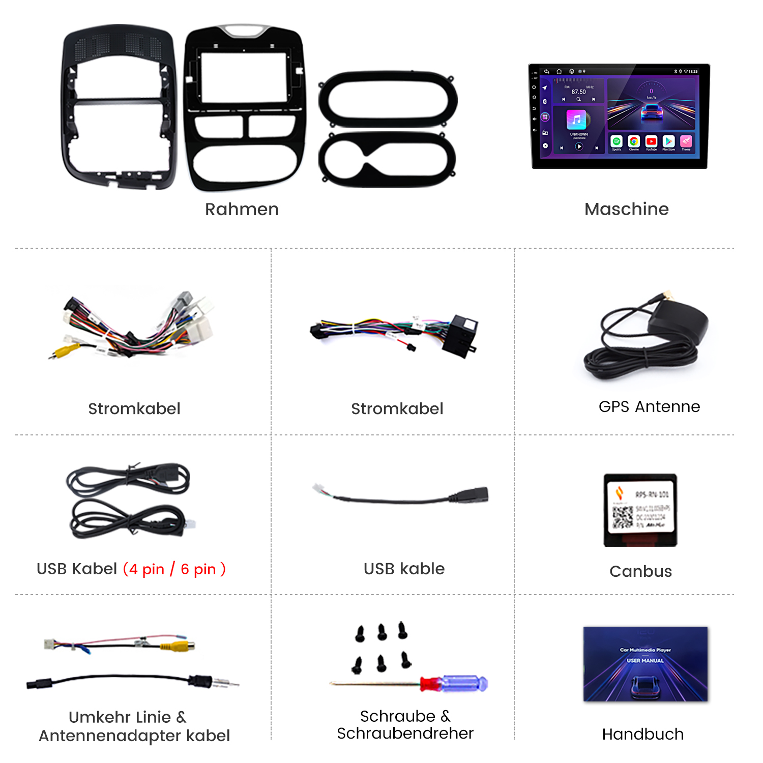 Automediaplayer-Teile: Rahmen, Bildschirm, Kabel, Antenne, USB-Kabel, Canbus, Handbuch, Schrauben und Schraubendreher.