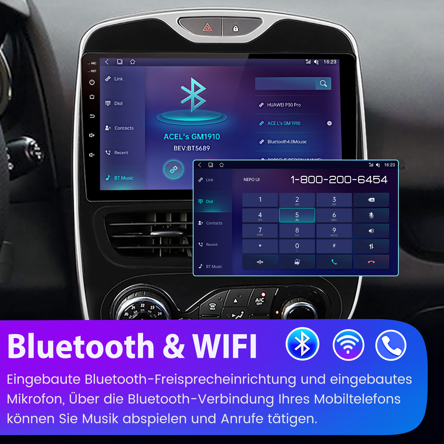 Autoinstrumententafel mit Bluetooth-Oberfläche, Wähltastatur für Anrufe und Bluetooth- & WLAN-Symbolen unten.