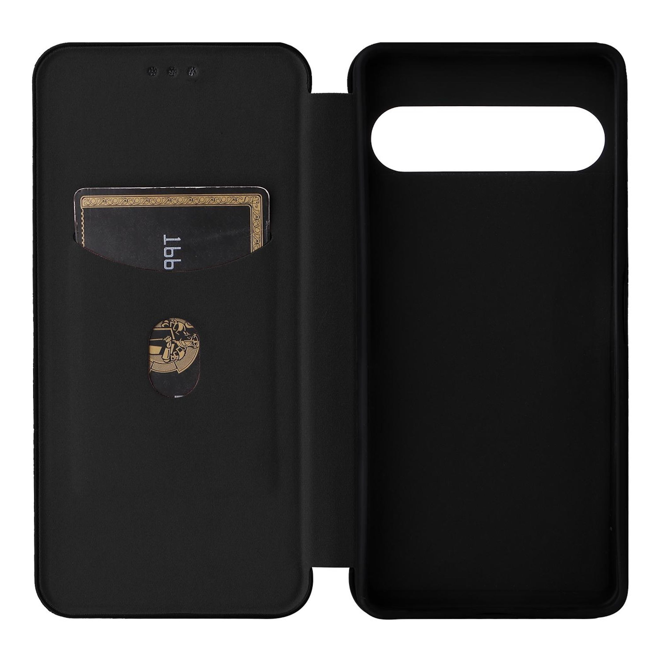 Eine schwarze Handyhülle ist geöffnet. Eine Karte befindet sich in der Tasche, und unten ist ein Logo. Die andere Seite hat einen Kameraausschnitt.