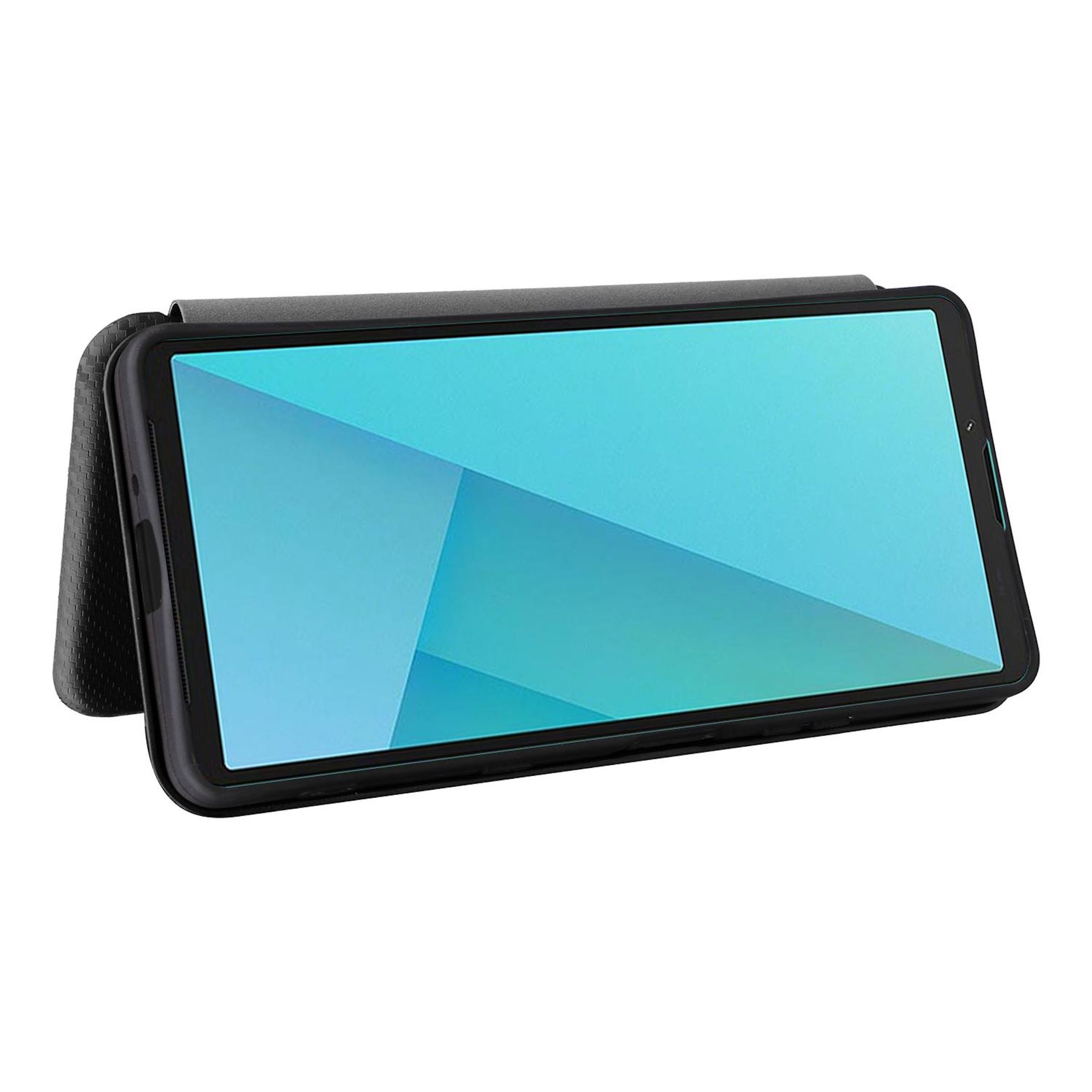 Ein Tablet in einer schwarzen Hülle, der Bildschirm zeigt eine hellblaue Farbe. Die Hülle ist geöffnet, abgewinkelt. Weißer Hintergrund.