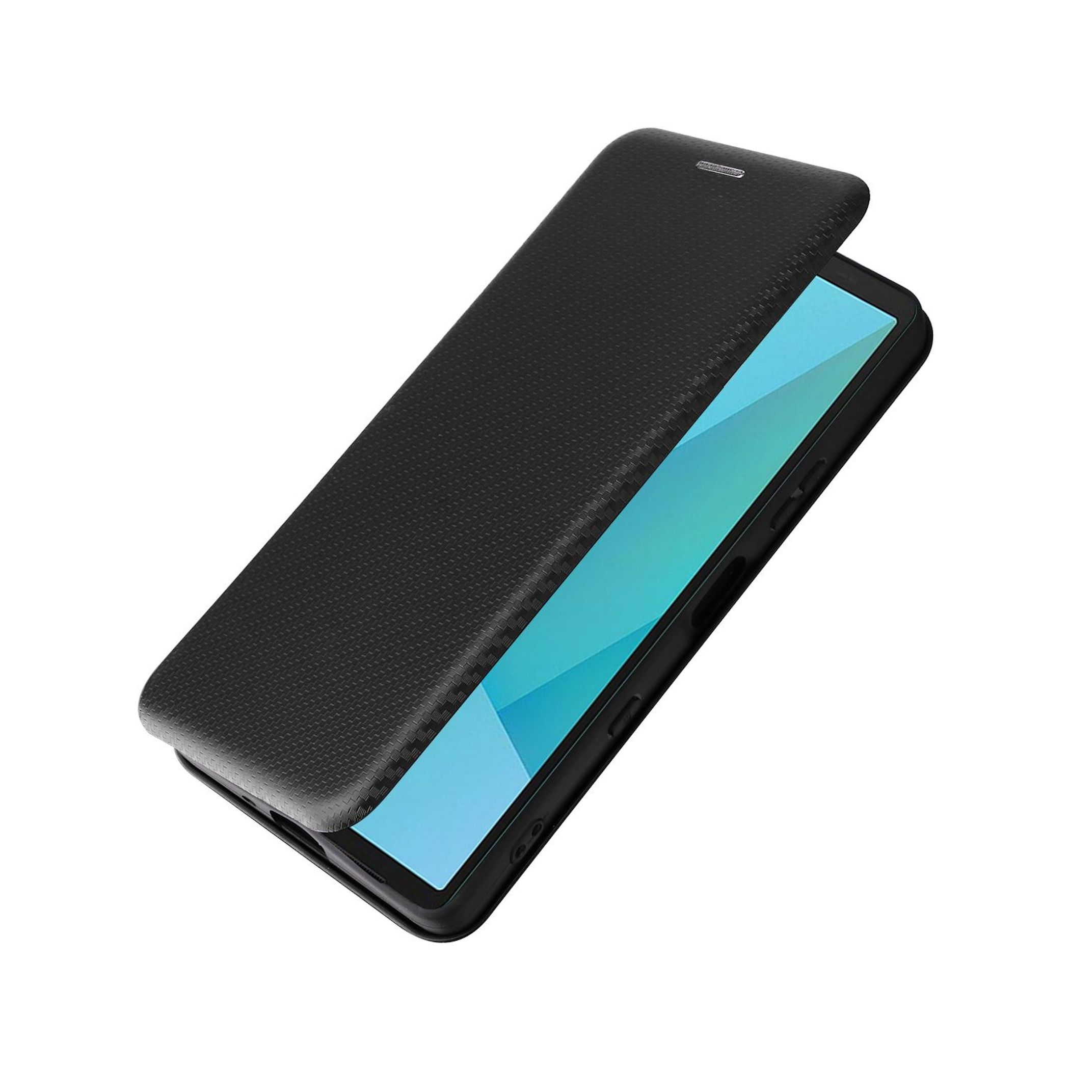 Geöffnete schwarze Handyhülle, zeigt den Bildschirm mit blauen und weißen Farben.