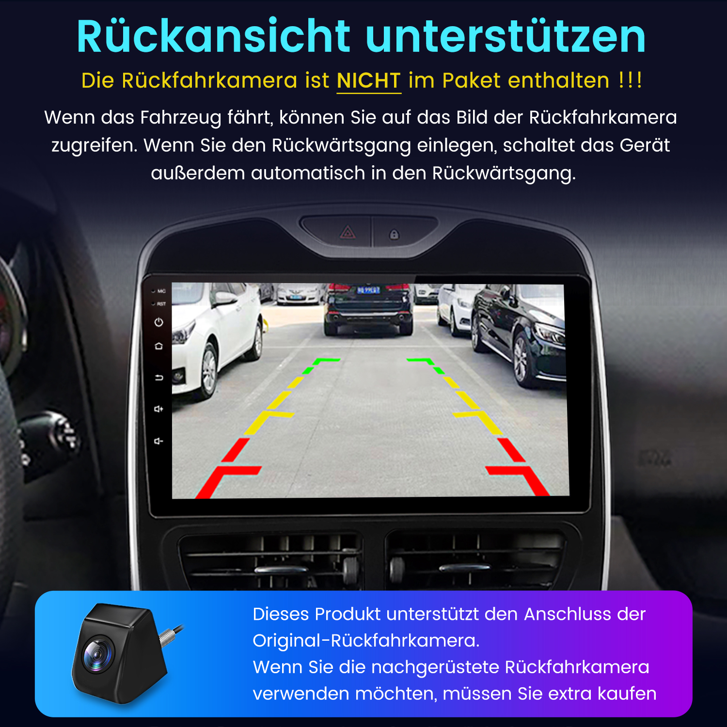 Autotafel mit Rückfahrkamerabild. Autos parken dahinter. Text auf Deutsch erklärt die Kamera.