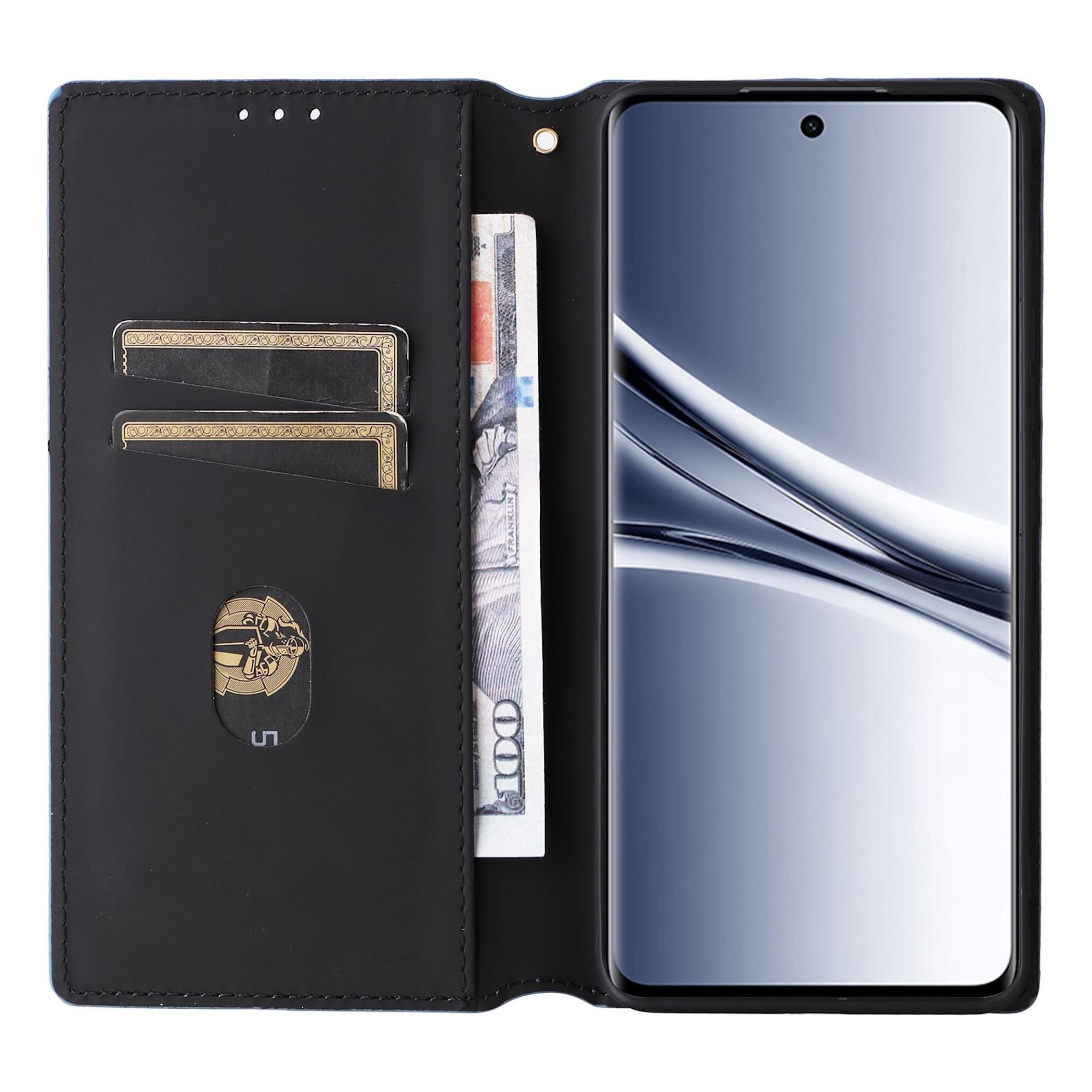 Ein Telefon in einer schwarzen Brieftasche mit Karten und einem Hundert-Dollar-Schein. Der Bildschirm ist sichtbar.