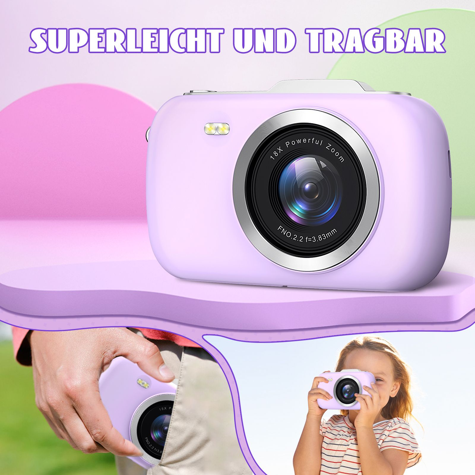Eine lila Kamera wird angezeigt, mit einer Person, die eine in der Tasche hält, und einem Kind, das eine andere hält.