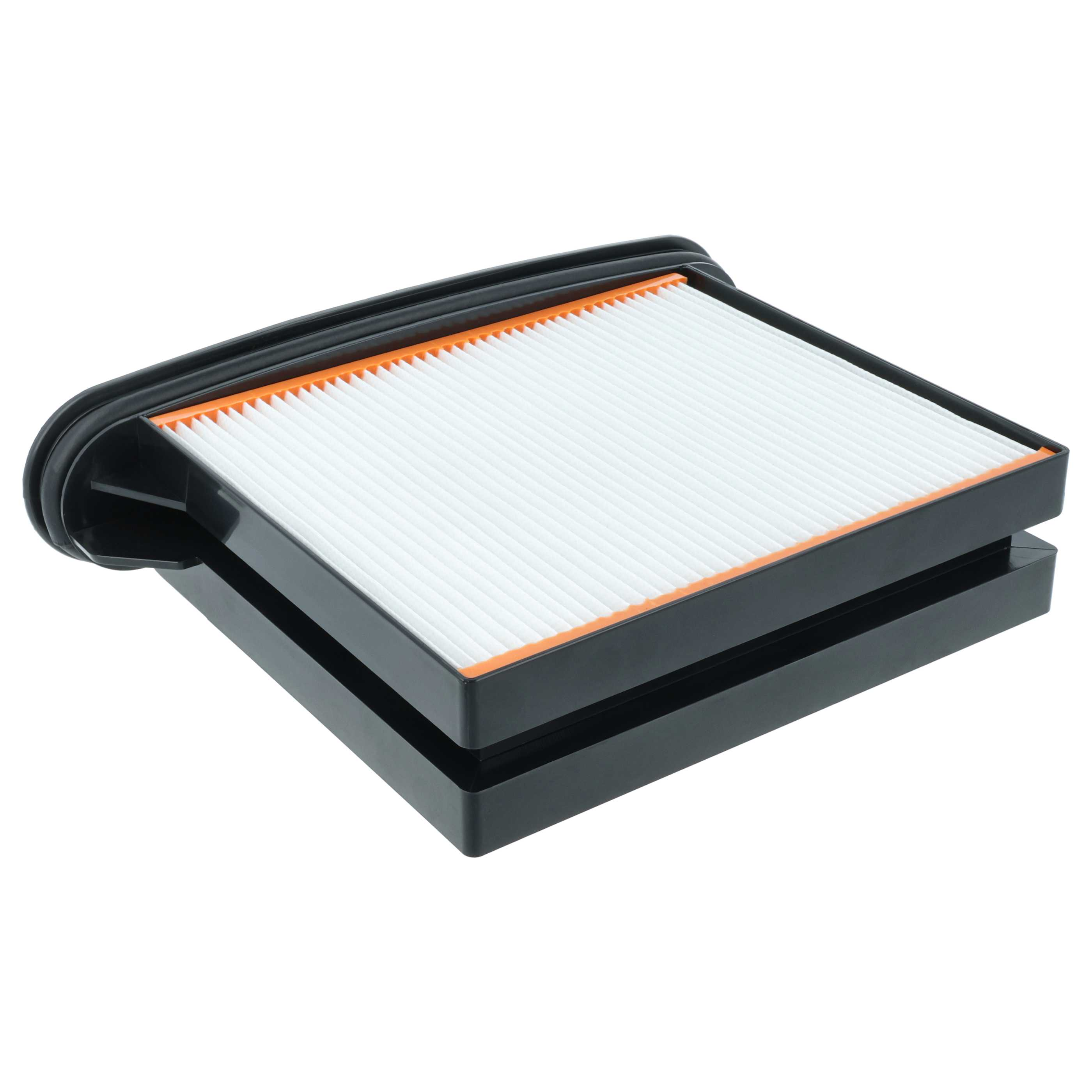 Ein Luftfilter mit weißem, plissiertem Filterpapier und orangefarbener Einfassung, eingebettet in einen schwarzen Kunststoffrahmen.