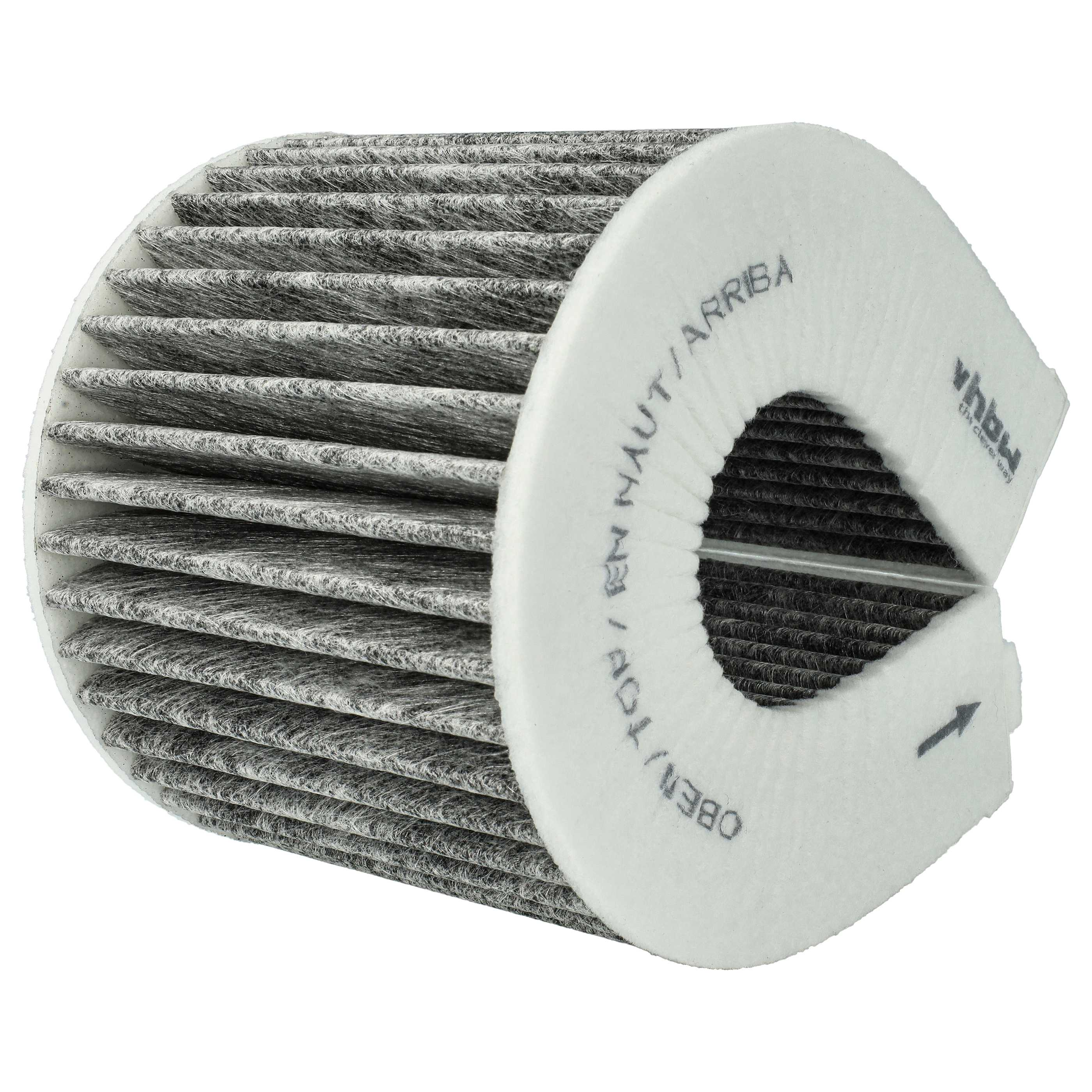 Ein Luftfilter mit grauem Filtermaterial und einem weißen Rahmen mit Text und einem Pfeil.