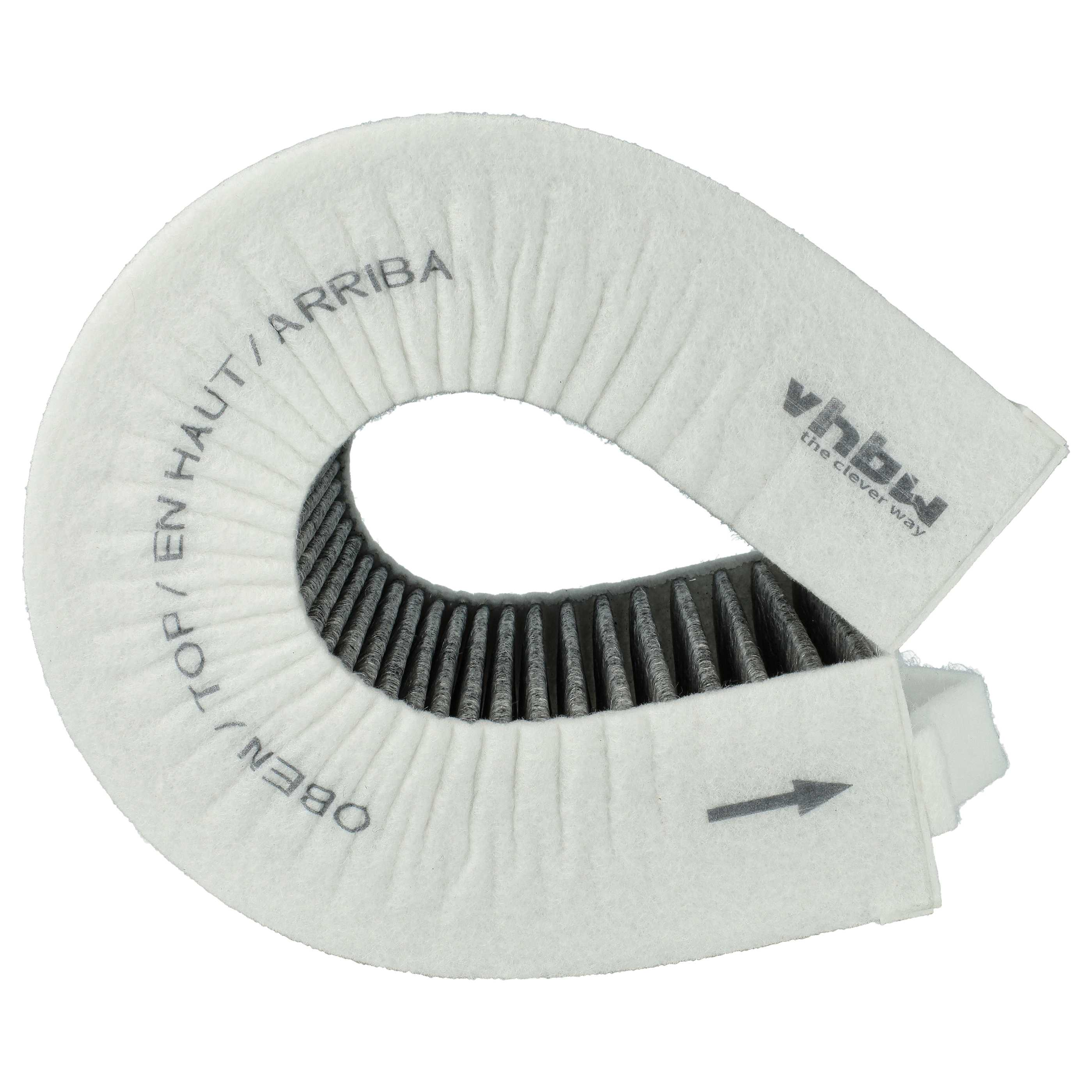 Luftfilter mit weißem Rahmen und grauem Filtermaterial. Text auf dem Rahmen: 'oben/top/en haut/arriba'.