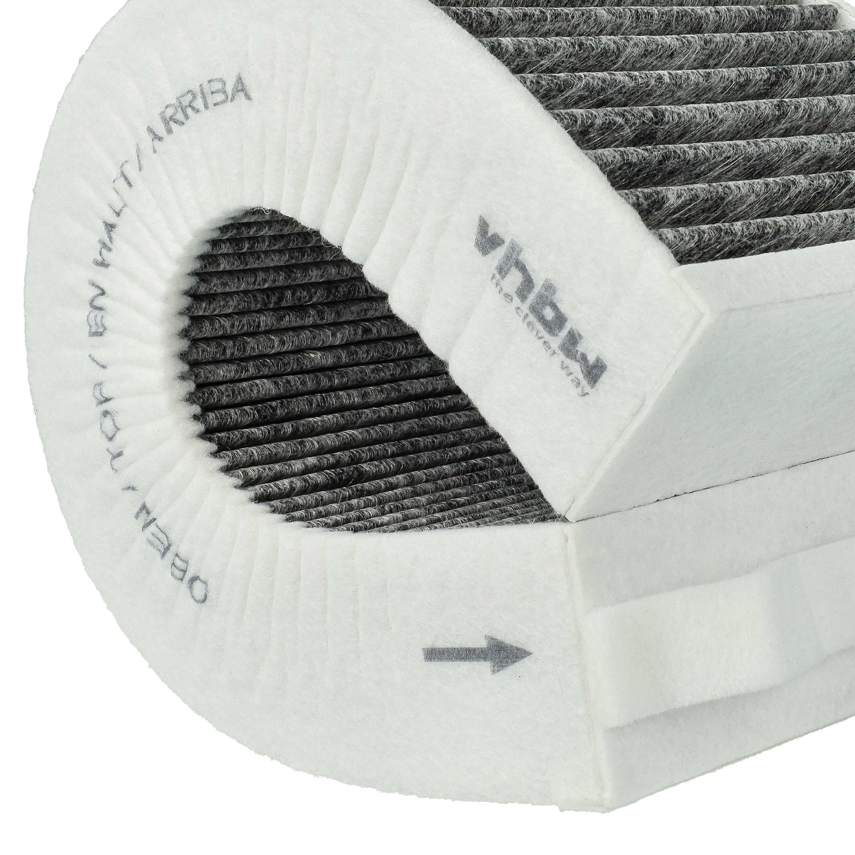 Nahaufnahme eines Auto-Luftfilters. Es ist weiß mit schwarzem Filtermaterial. Text und Pfeil.