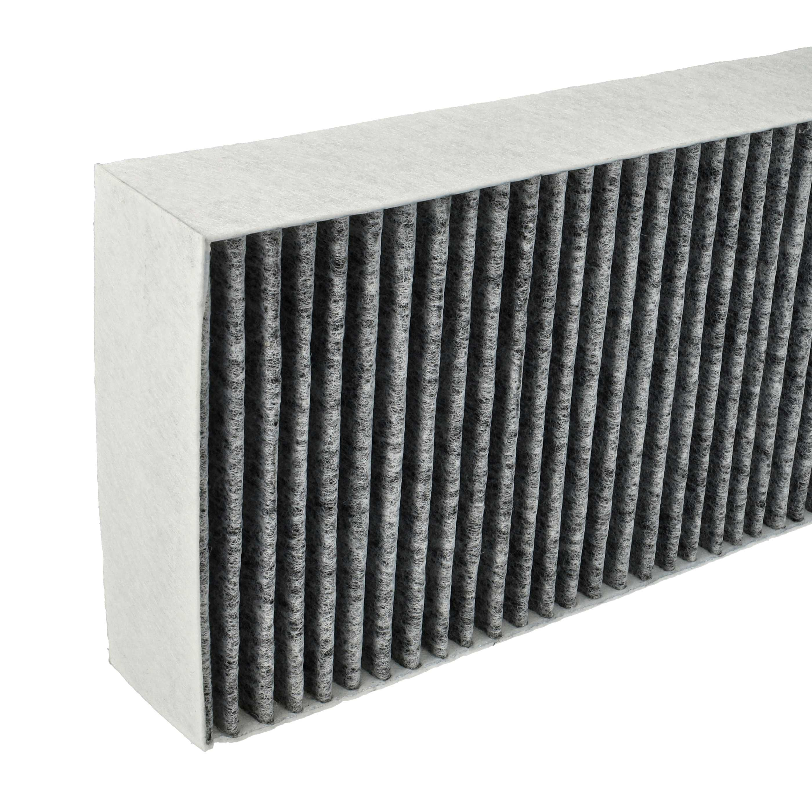 Ein rechteckiger Luftfilter mit grauem, plissiertem Filtermaterial in einem weißen Rahmen, isoliert auf Weiß.