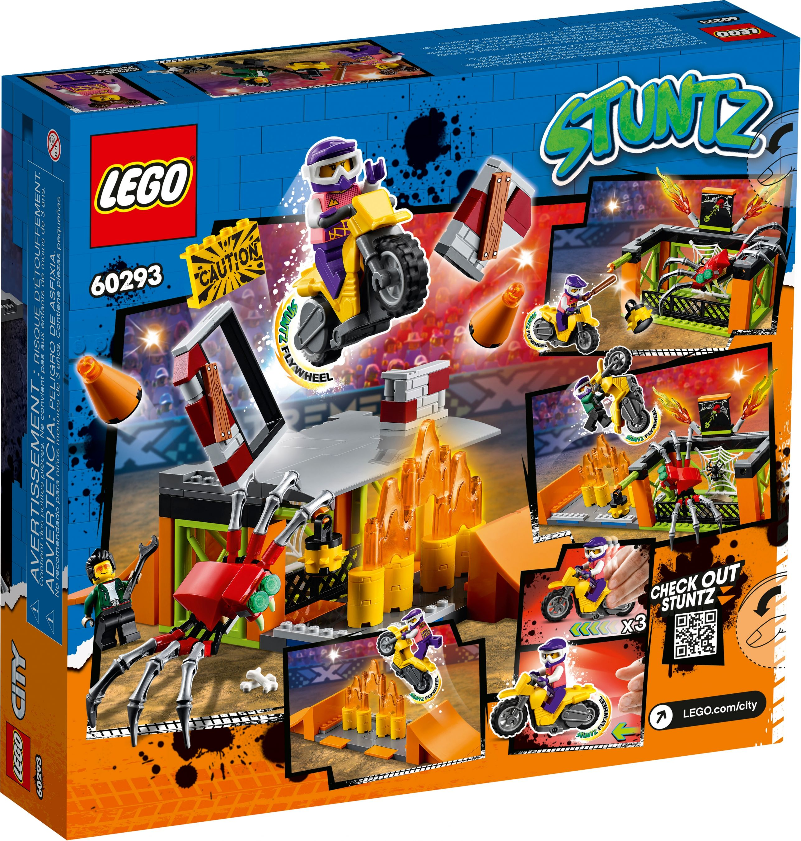Lego-Box-Art zeigt Stunt-Bike-Szenen, Spinnenstrukturen und Minifiguren. Farben sind Gelb, Orange und Blau.