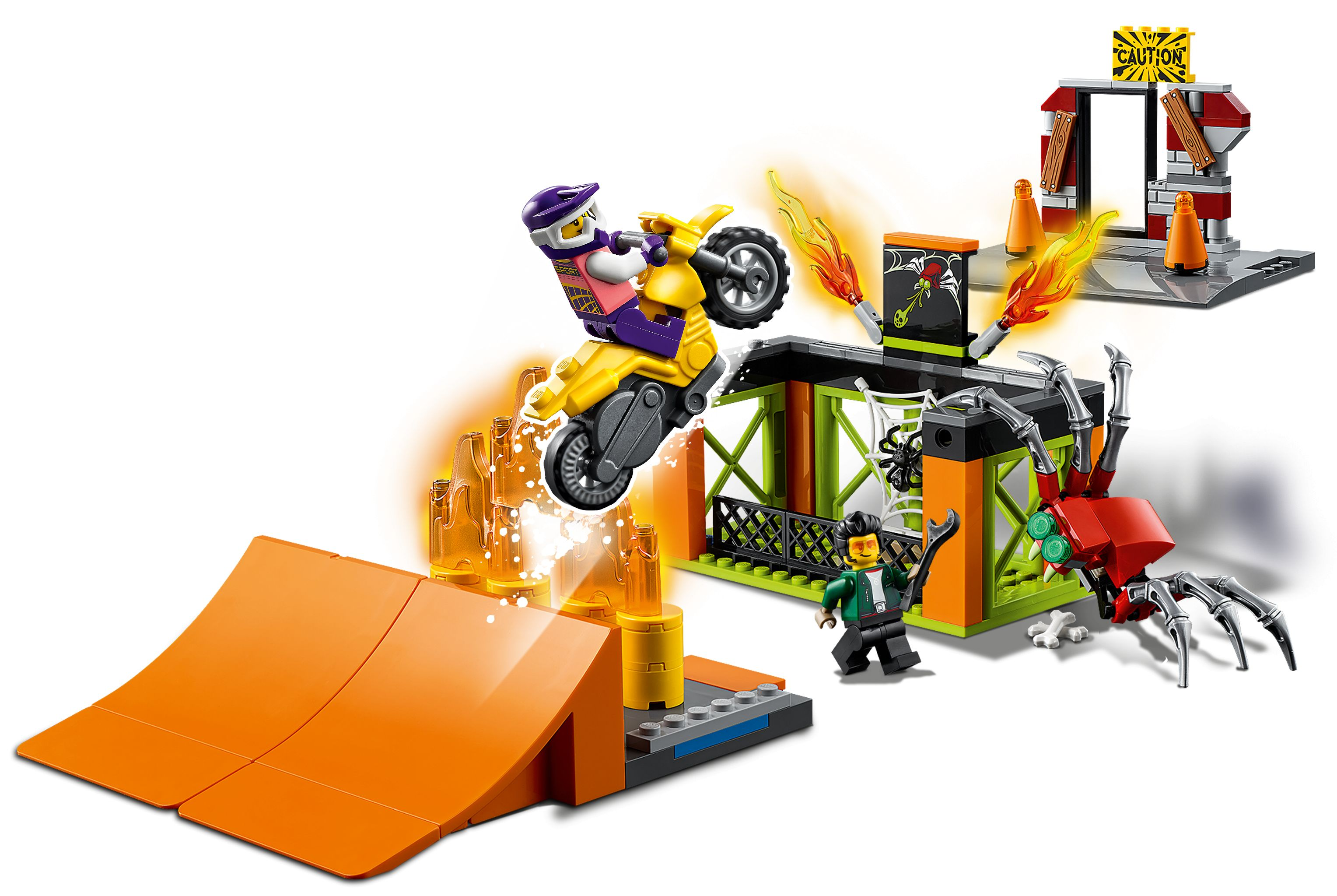 Lego-Set: Ein Motorrad springt über eine Rampe. Enthält eine Spinne, eine Figur und ein Tor mit Warnschild.