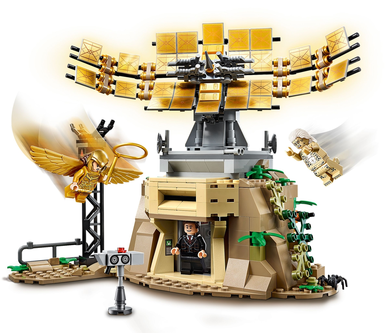 Lego-Set mit Figuren, die um eine Struktur fliegen. Eine Figur trägt einen goldenen Helm und Flügel. Eine andere fällt. Ein Mann im Anzug ist drinnen.