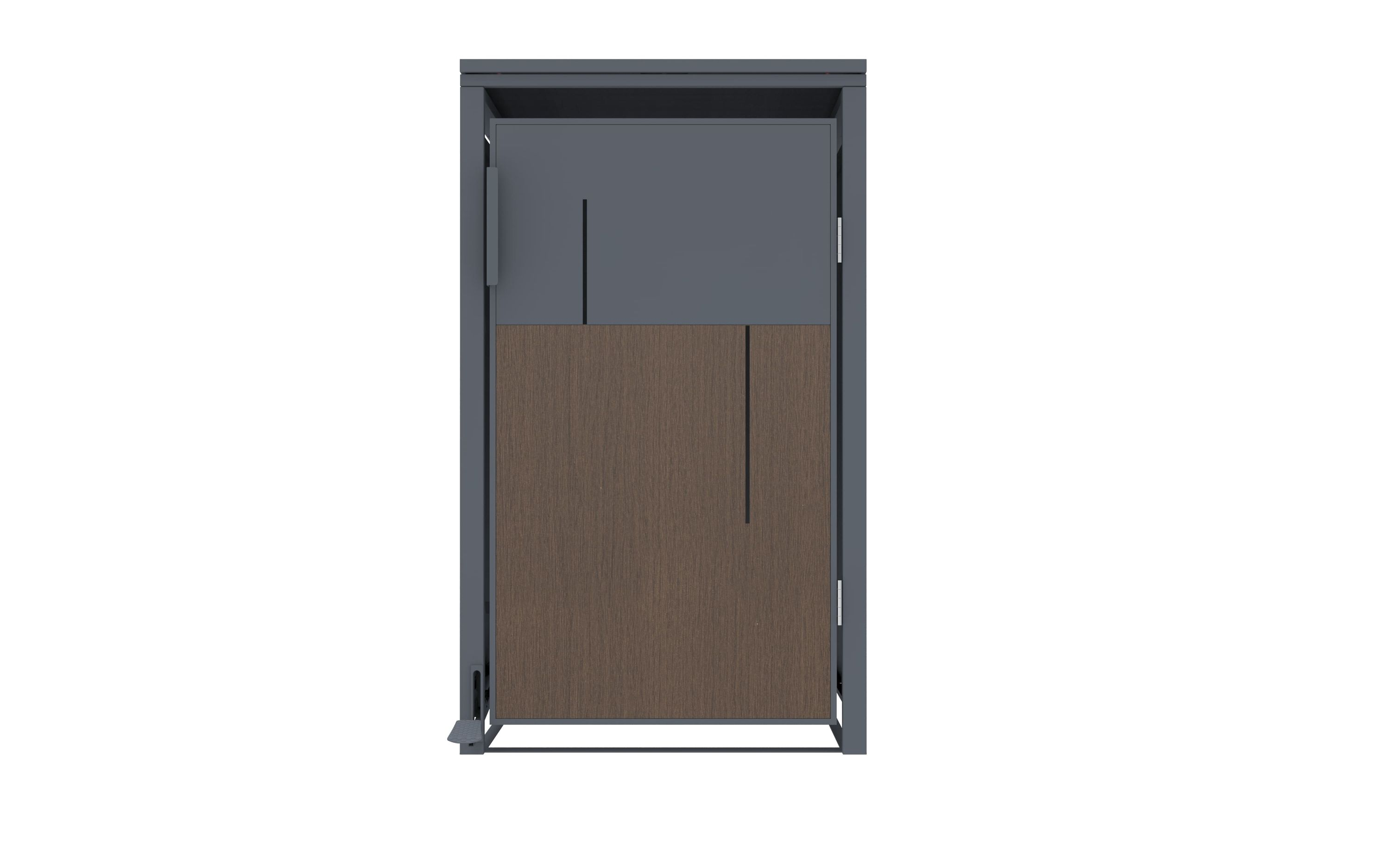 Ein hoher, grauer Schrank mit Holztür. Der Schrank ist rechteckig, mit dunkler Holzverkleidung am Boden.